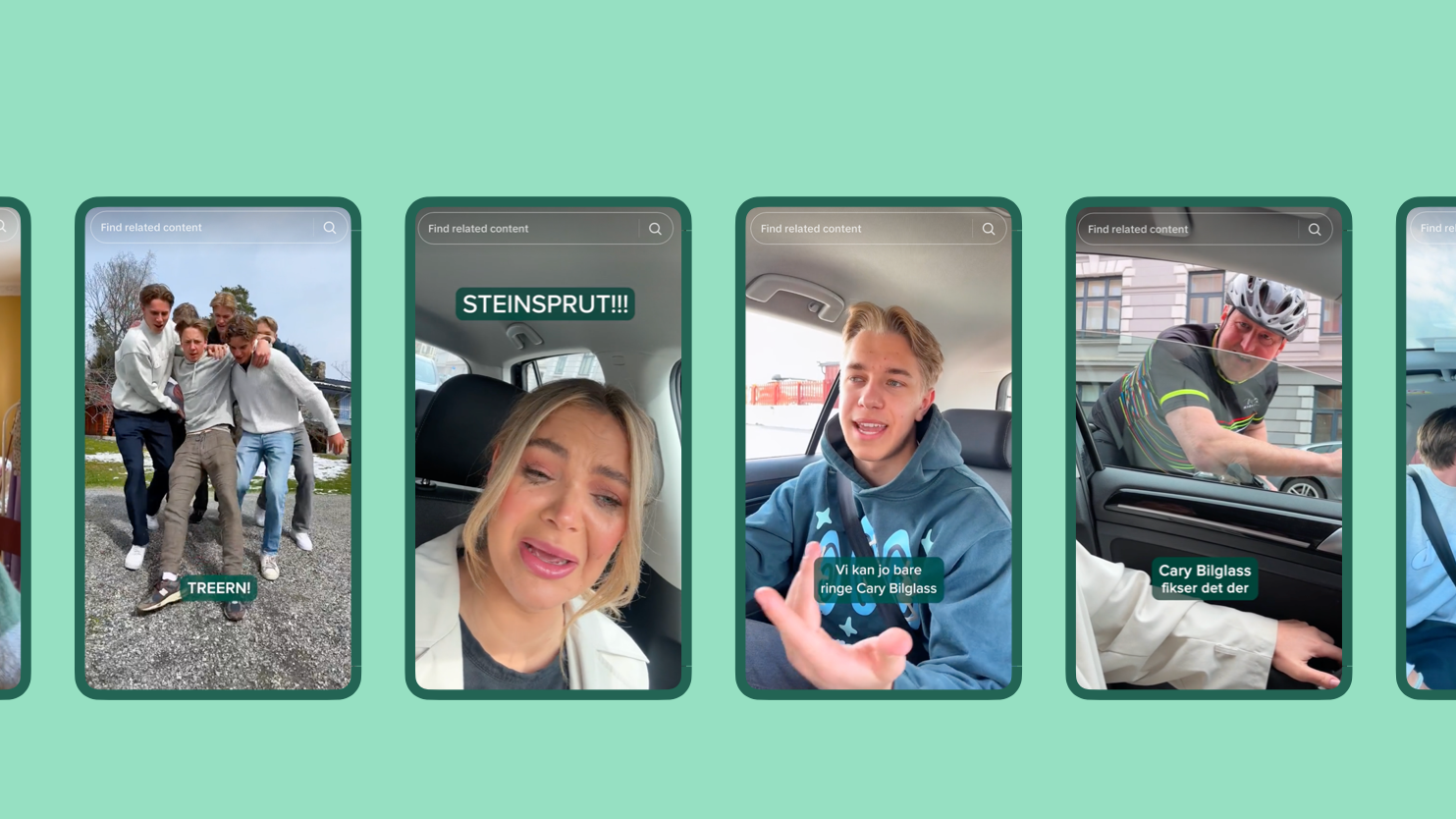Et rutenett med seks TikTok-videostillbilder fra Cary Bilglass-kampanjen, blant annet "A day in my life", "TREERN!", "STEINSPRUT!!!" og "CARY FIKSER RUTA!", med Cary-logoen.