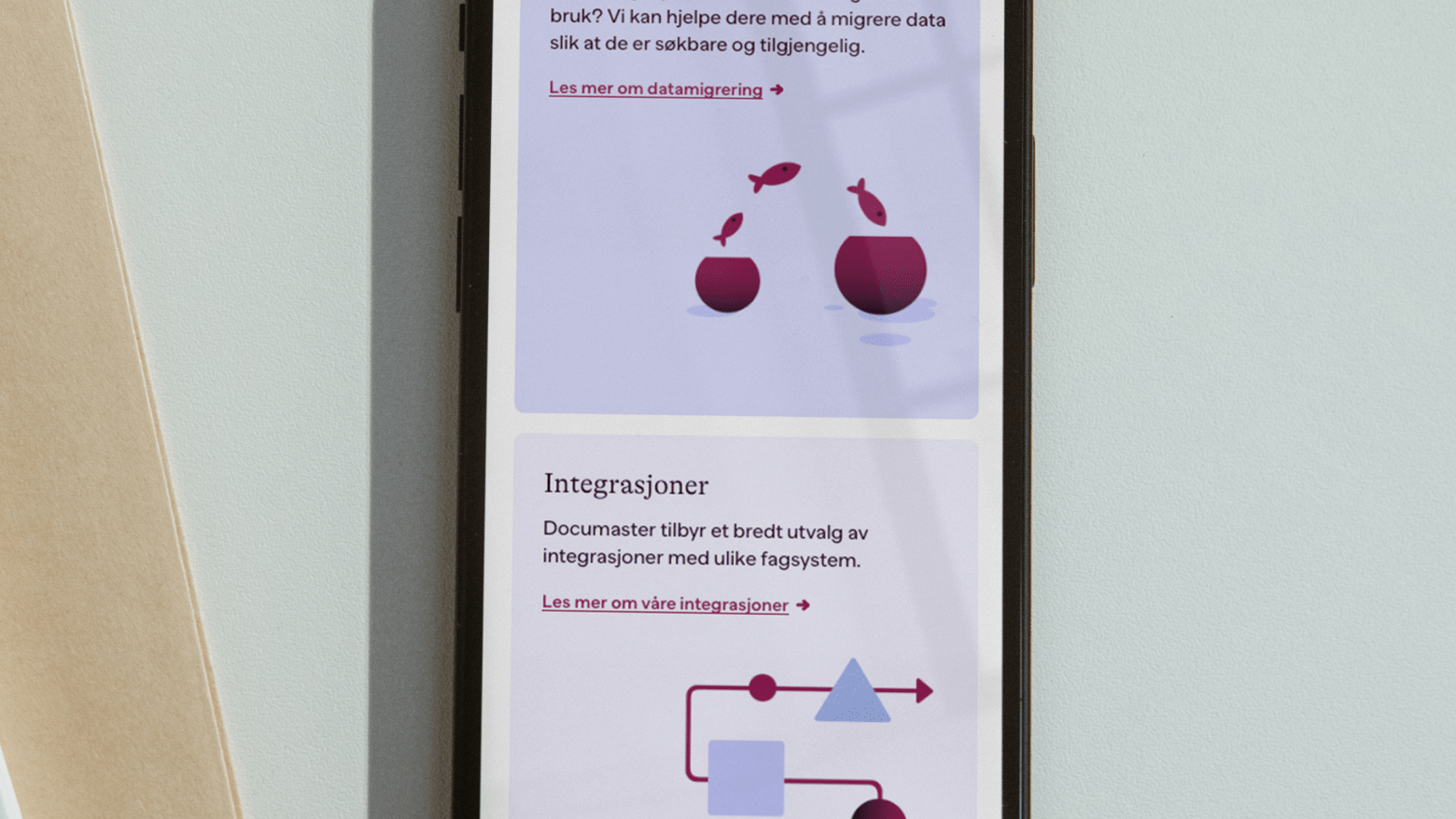 A mobile phone showing the Documaster website's services.