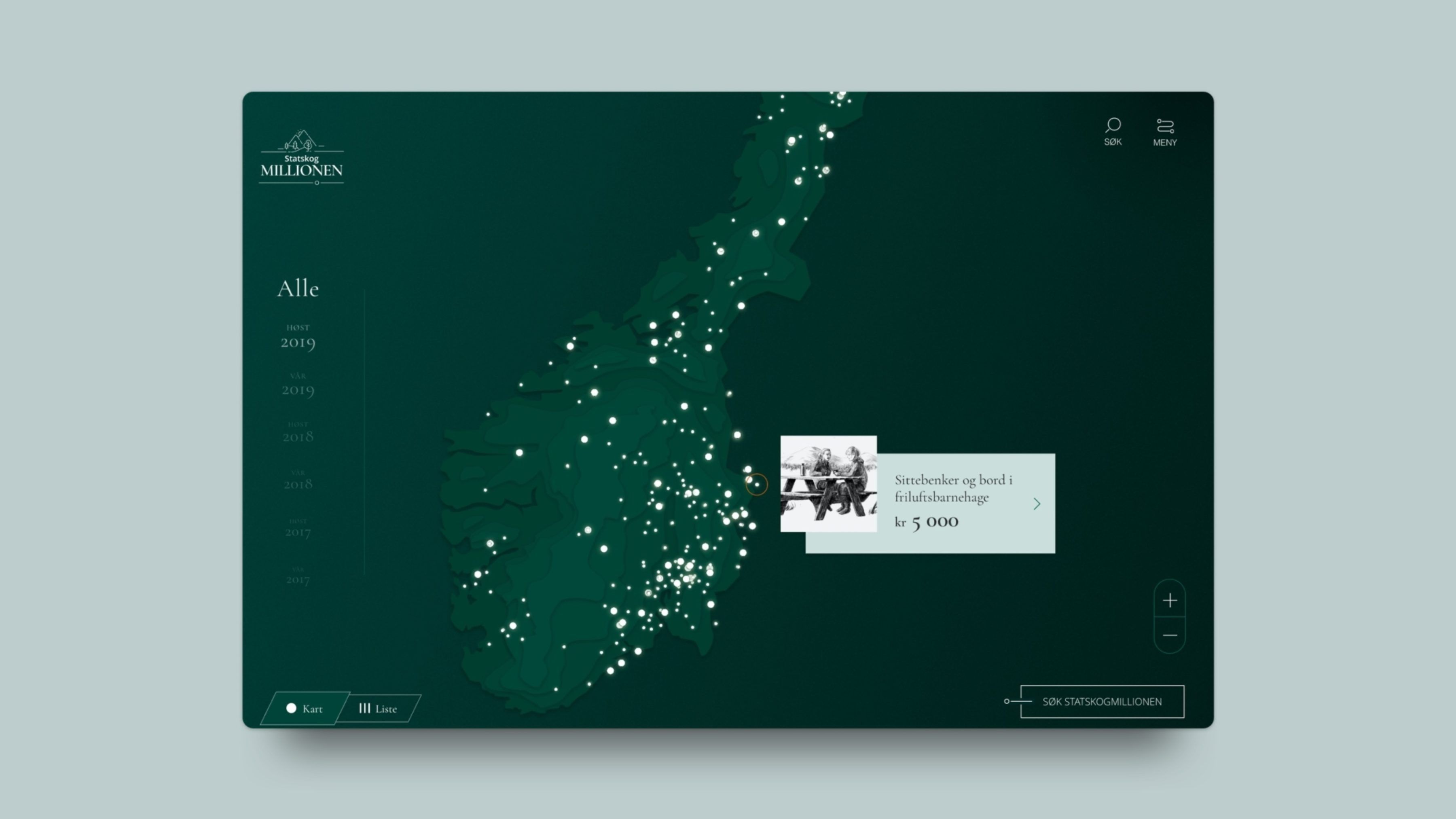 The Statskogmillionen interactive map of Norway, showing funded grassroots outdoor projects.