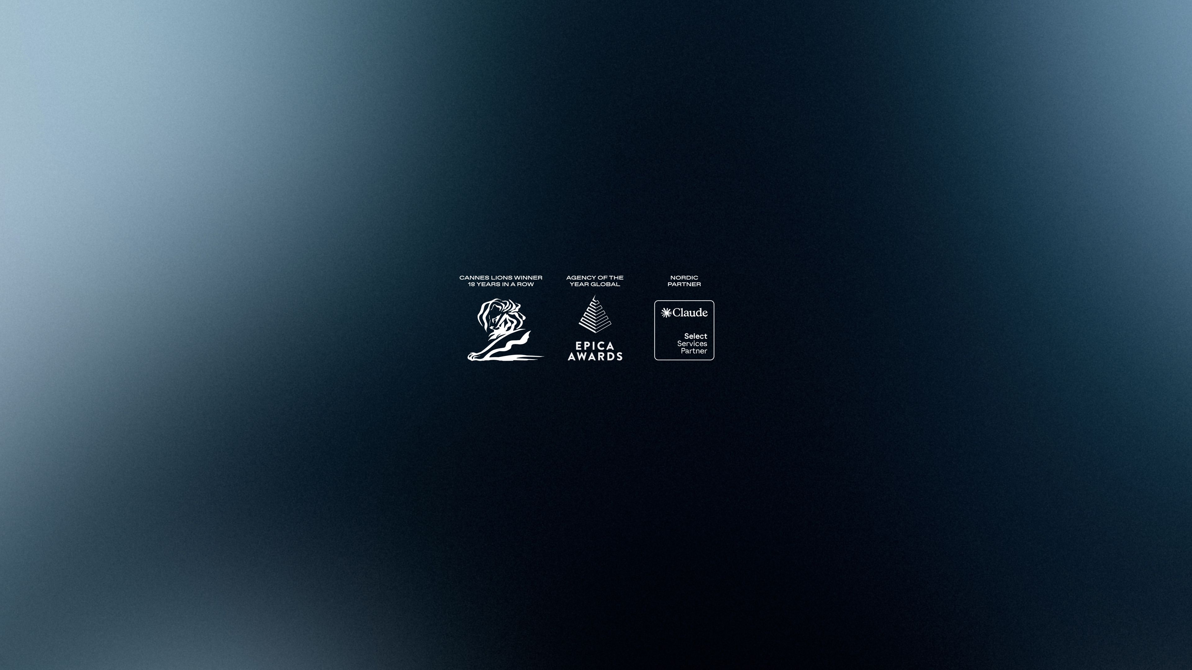 White logos for Epica Awards, Claude, and Nomad Partners on a dark blue gradient background.