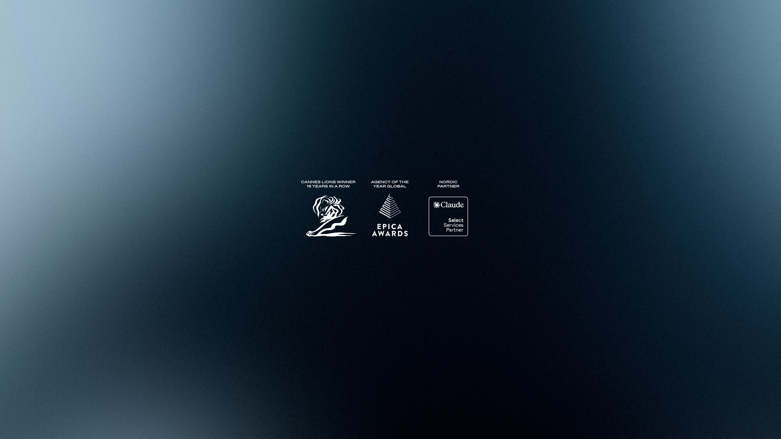 White logos for Epica Awards, Claude, and Nomad Partners on a dark blue gradient background.