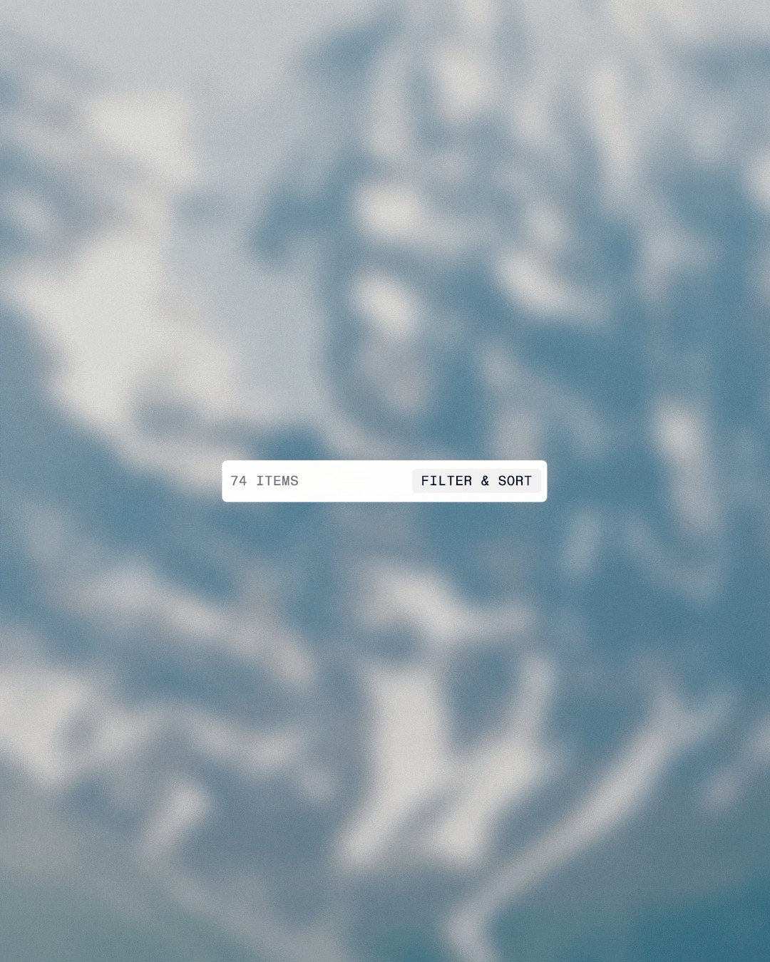 A blurred blue and white background with a horizontal bar showing "74 ITEMS" and "FILTER & SORT".