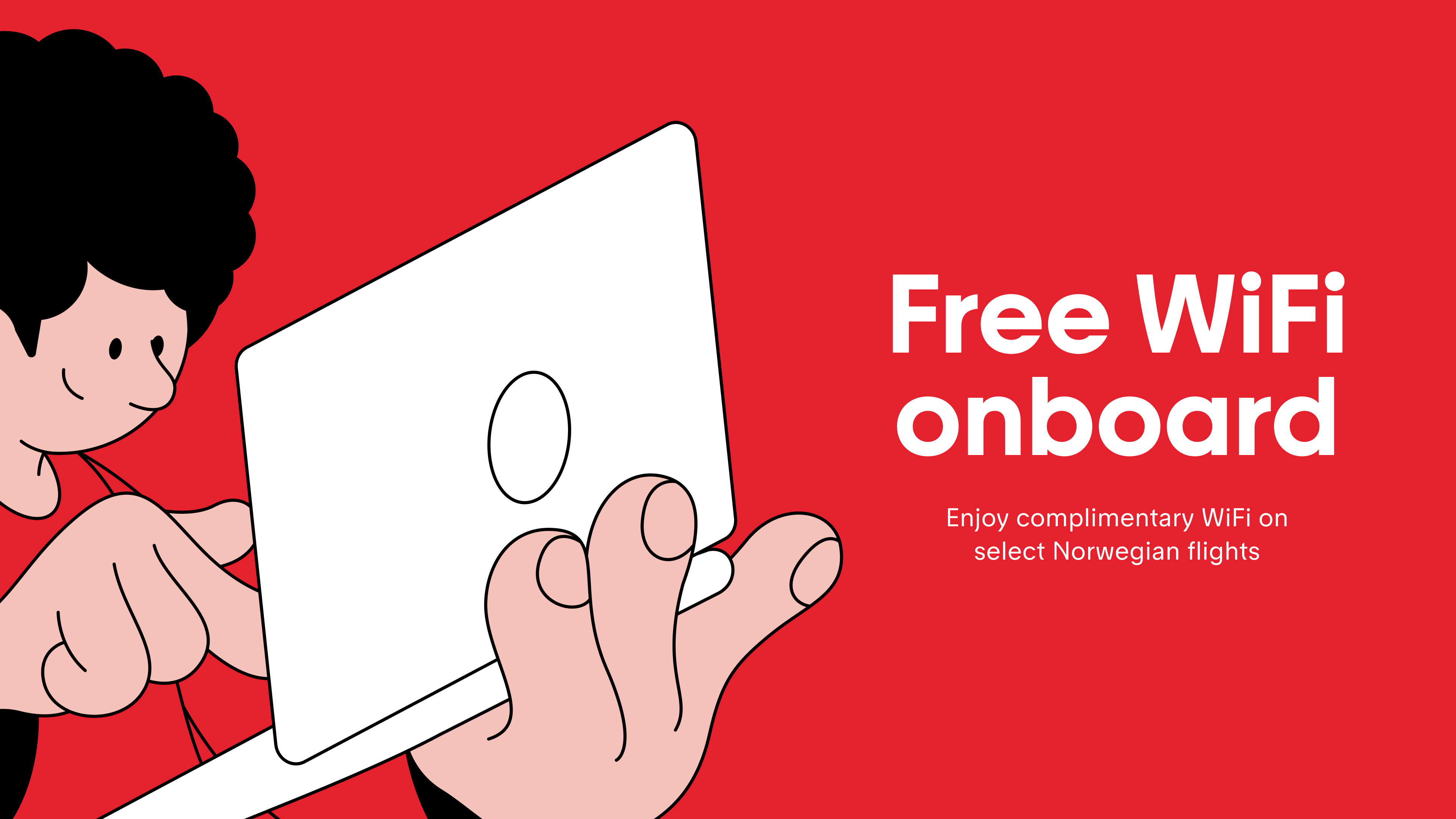 A red graphic with an illustrated hand holding a laptop and the text Free WiFi onboard
