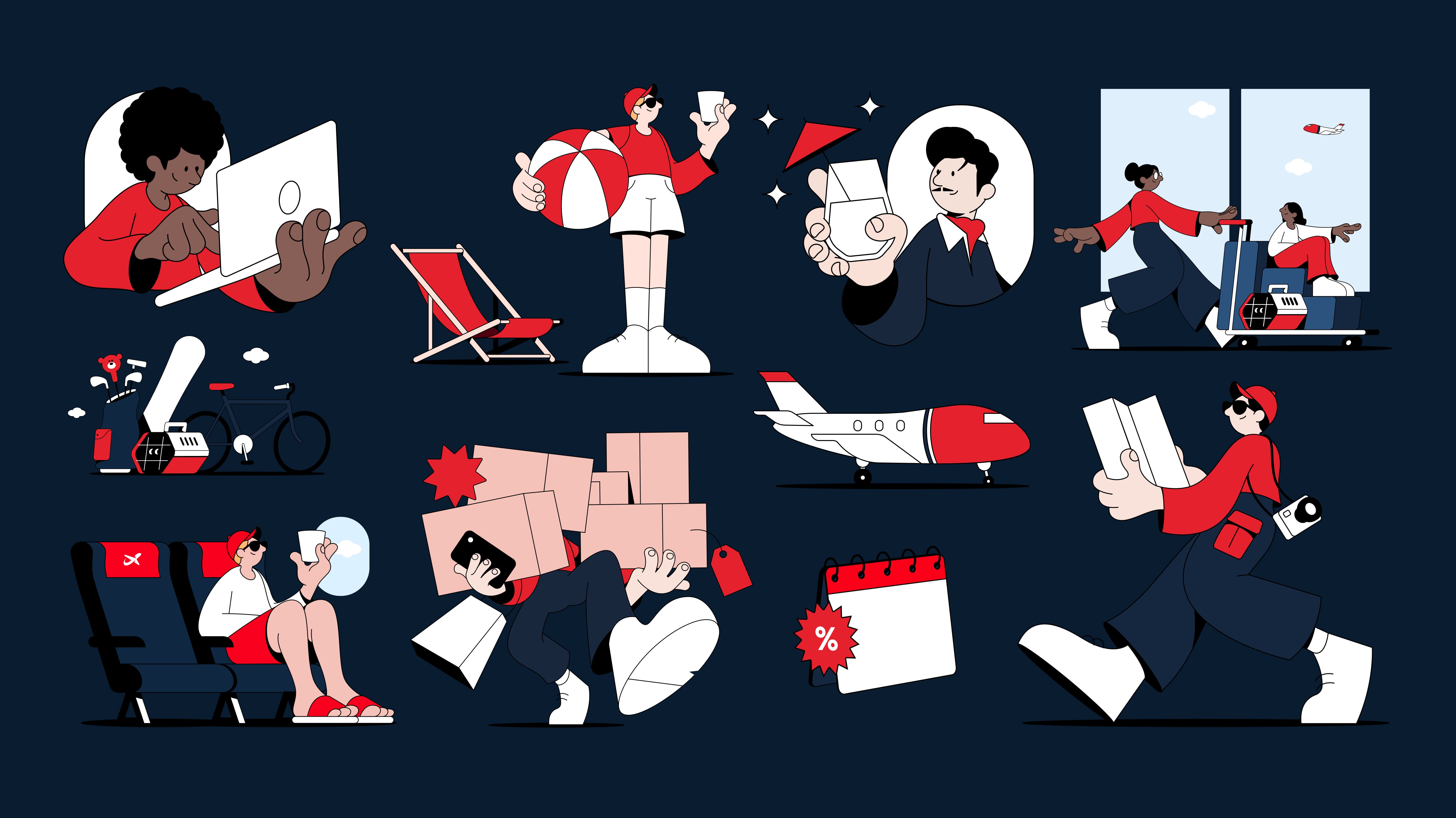 A set of flat illustrations in red, white and navy of travellers, luggage, a plane and cabin crew on a navy background
