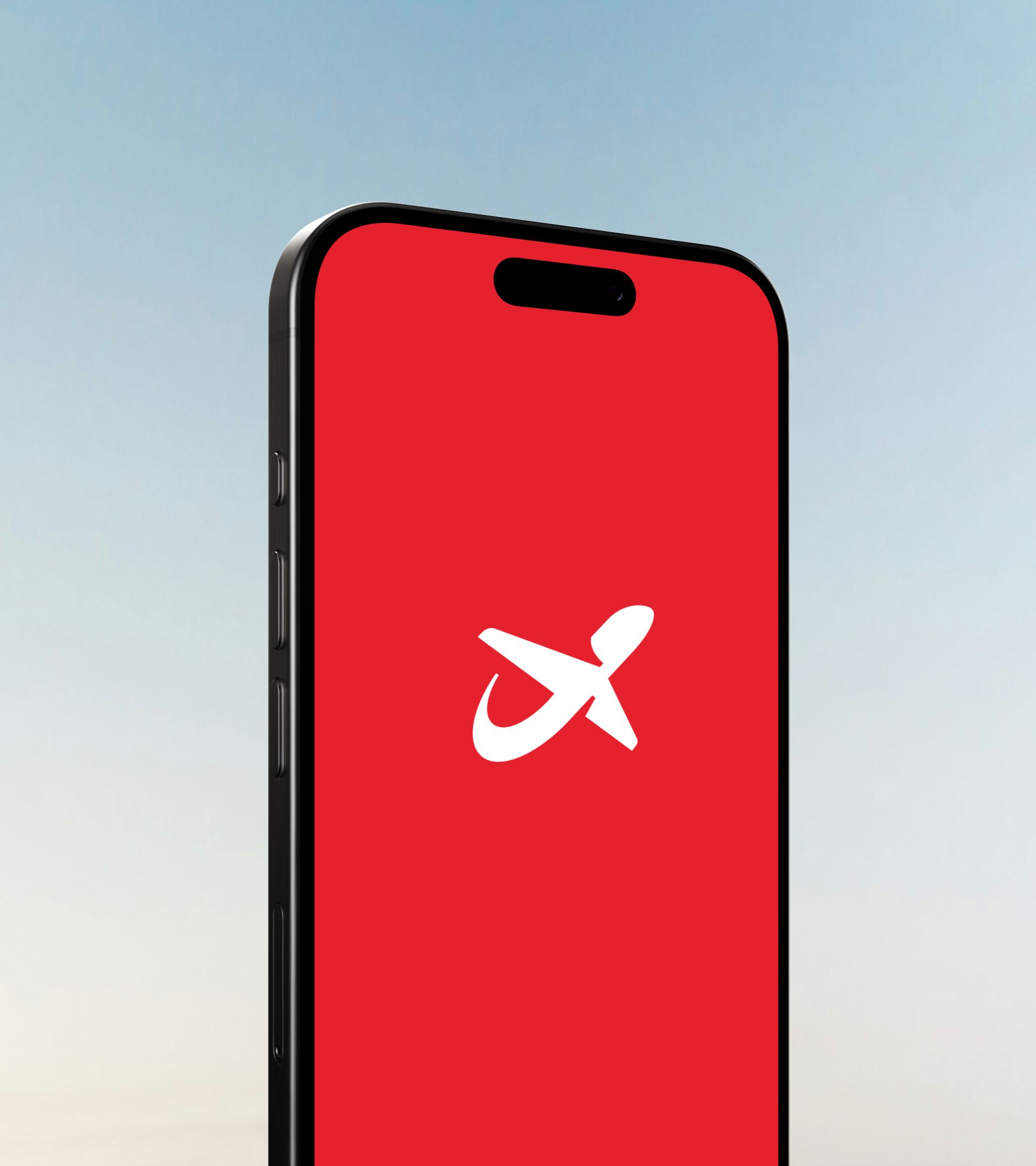 A phone showing the white Norwegian symbol on a red app splash screen against a pale sky