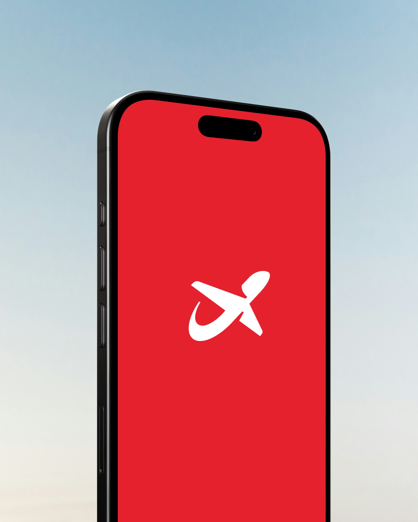 A phone showing the white Norwegian symbol on a red app splash screen against a pale sky