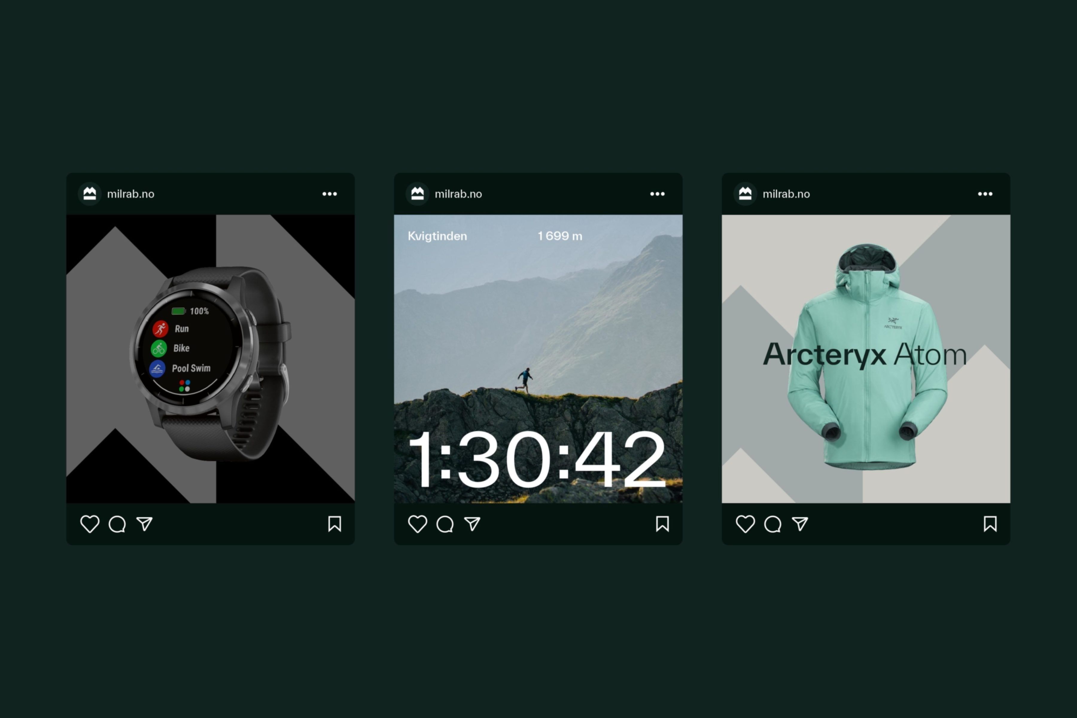 En mockup av Milrabs Instagram-feed, med merkevarebygde produkt- og livsstilsinnlegg med norske bildetekster.