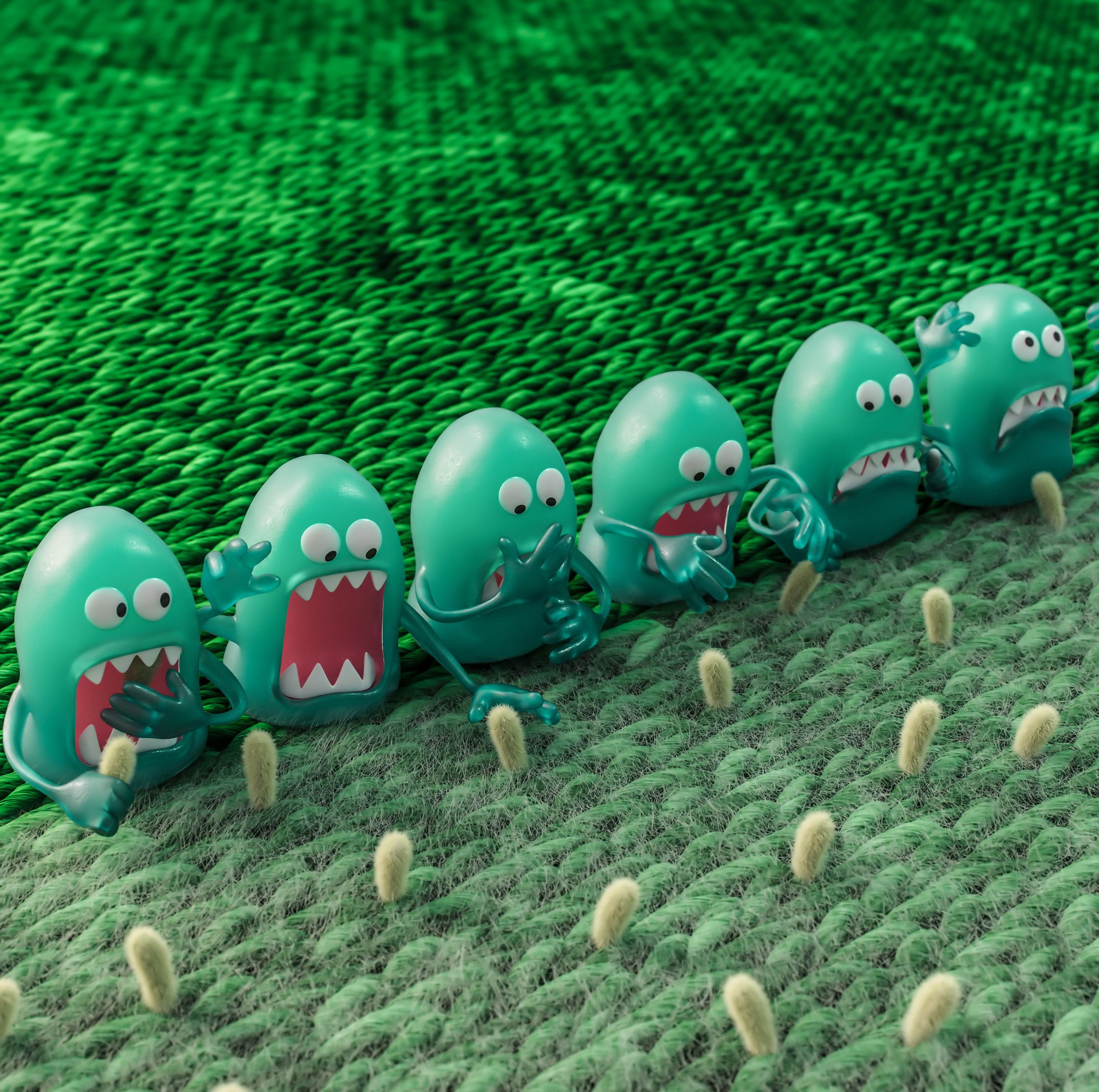 Six angry teal cartoon monsters with sharp teeth attacking small fuzzy tan particles on a textured green fabric.