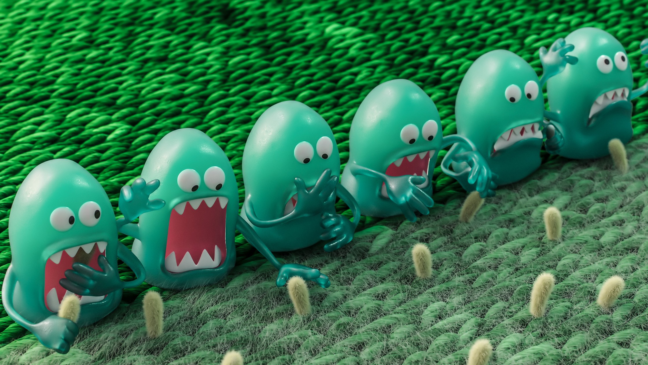 Six angry teal cartoon monsters with sharp teeth attacking small fuzzy tan particles on a textured green fabric.