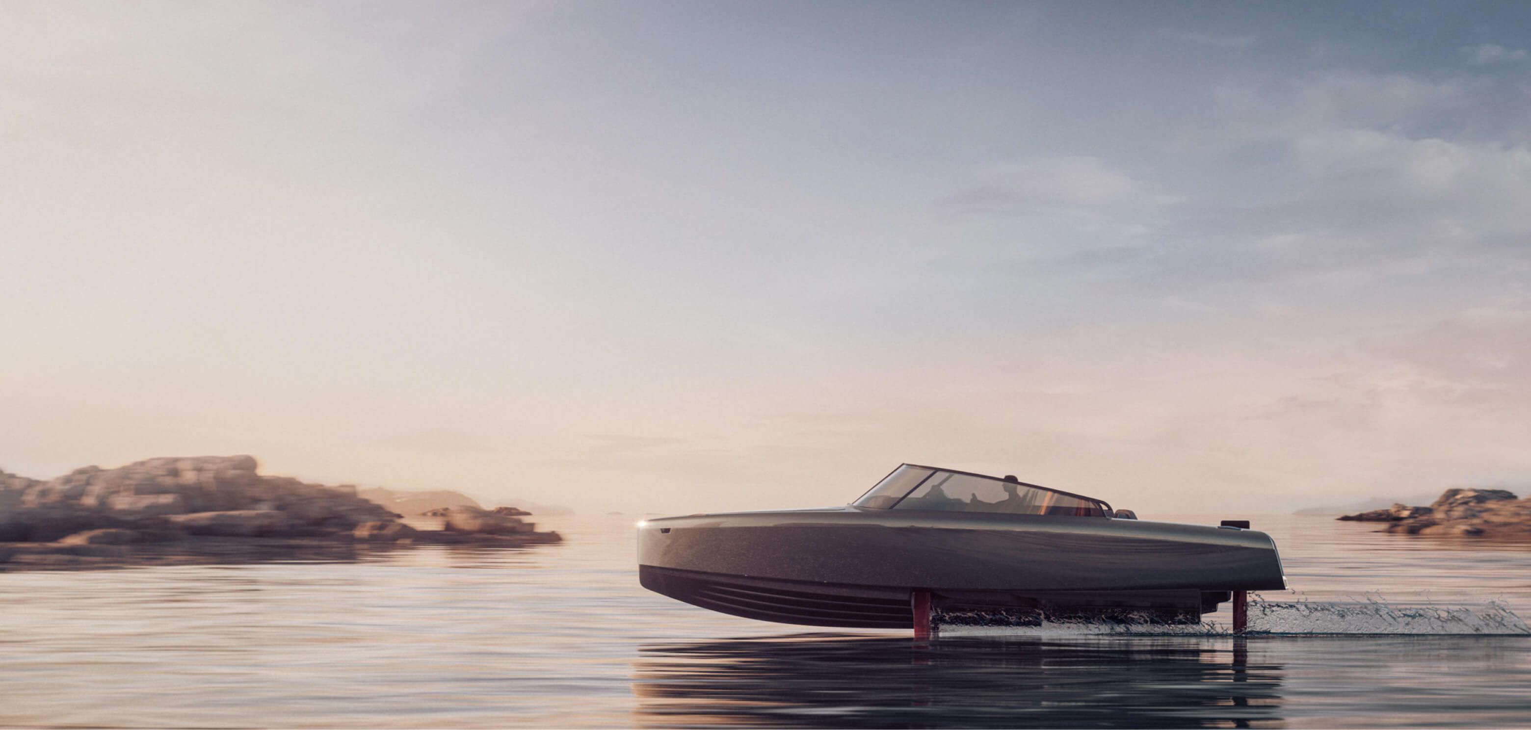 Candela electric foiling boat on open water, the hero image for its brand identity