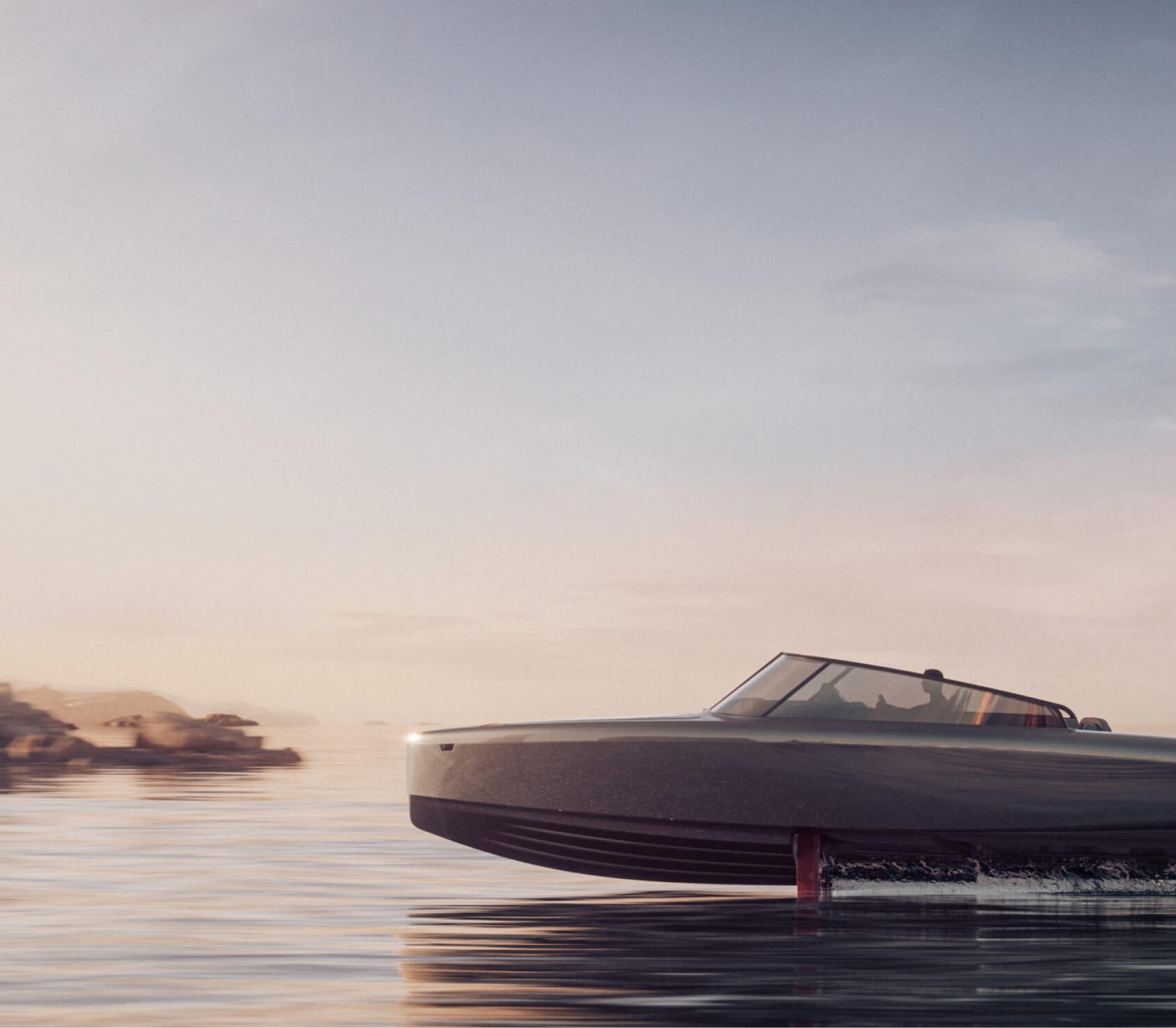 Candela electric foiling boat on open water, the hero image for its brand identity