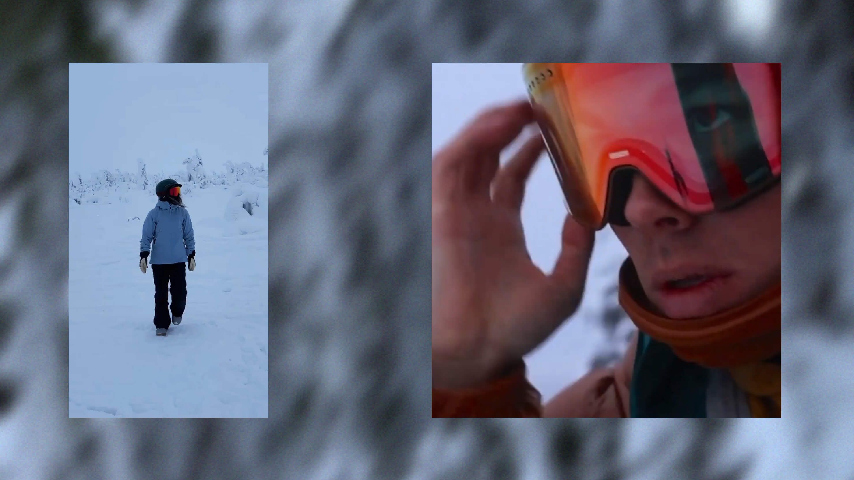 A skier walking alone across snow beside a close-up of a hand adjusting orange ski goggles, set against blurred pine trees.