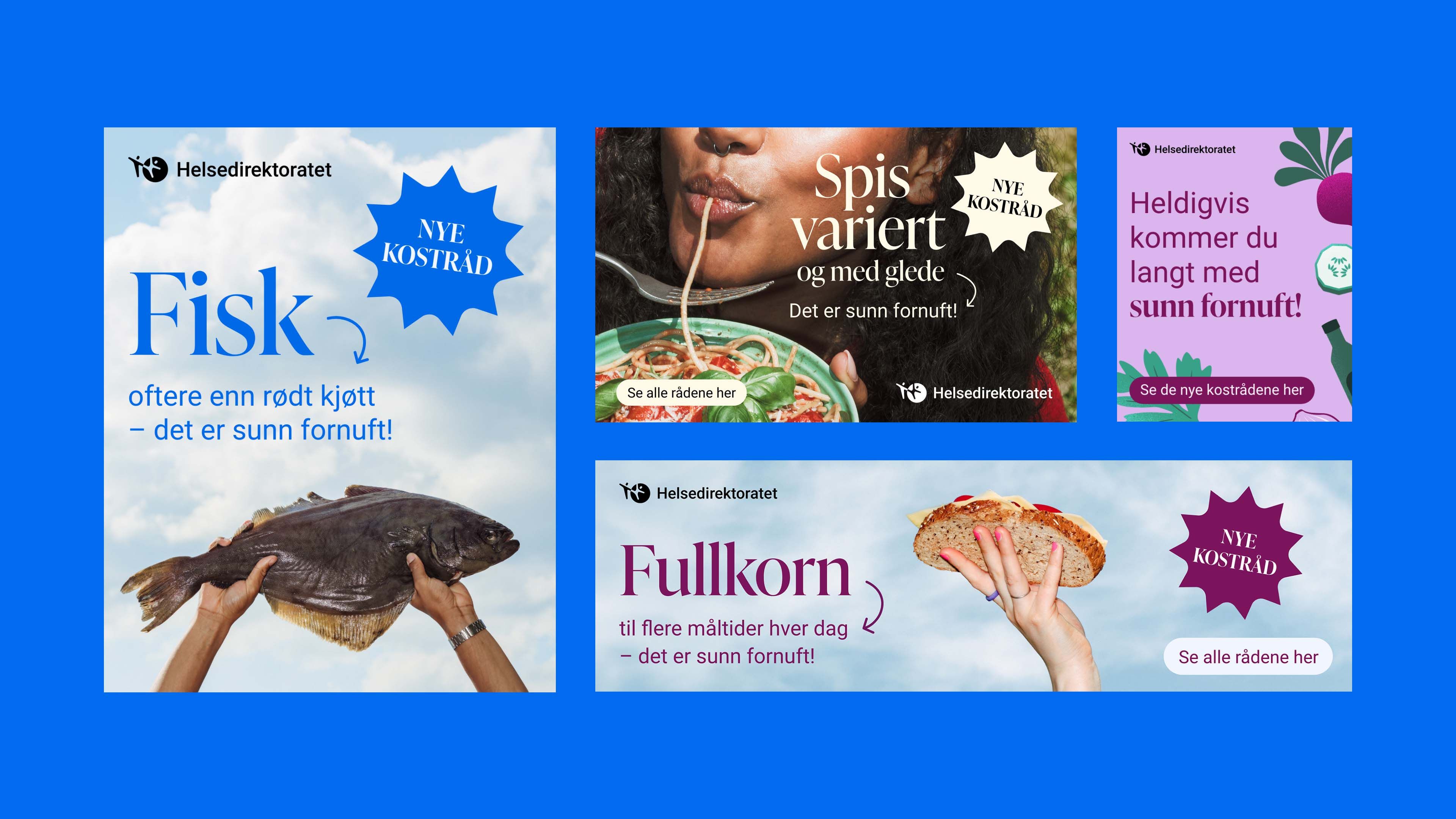 A collection of Norwegian public health advertisements about new dietary advice, featuring images of fish, spaghetti, vegetables, and whole grain bread.
