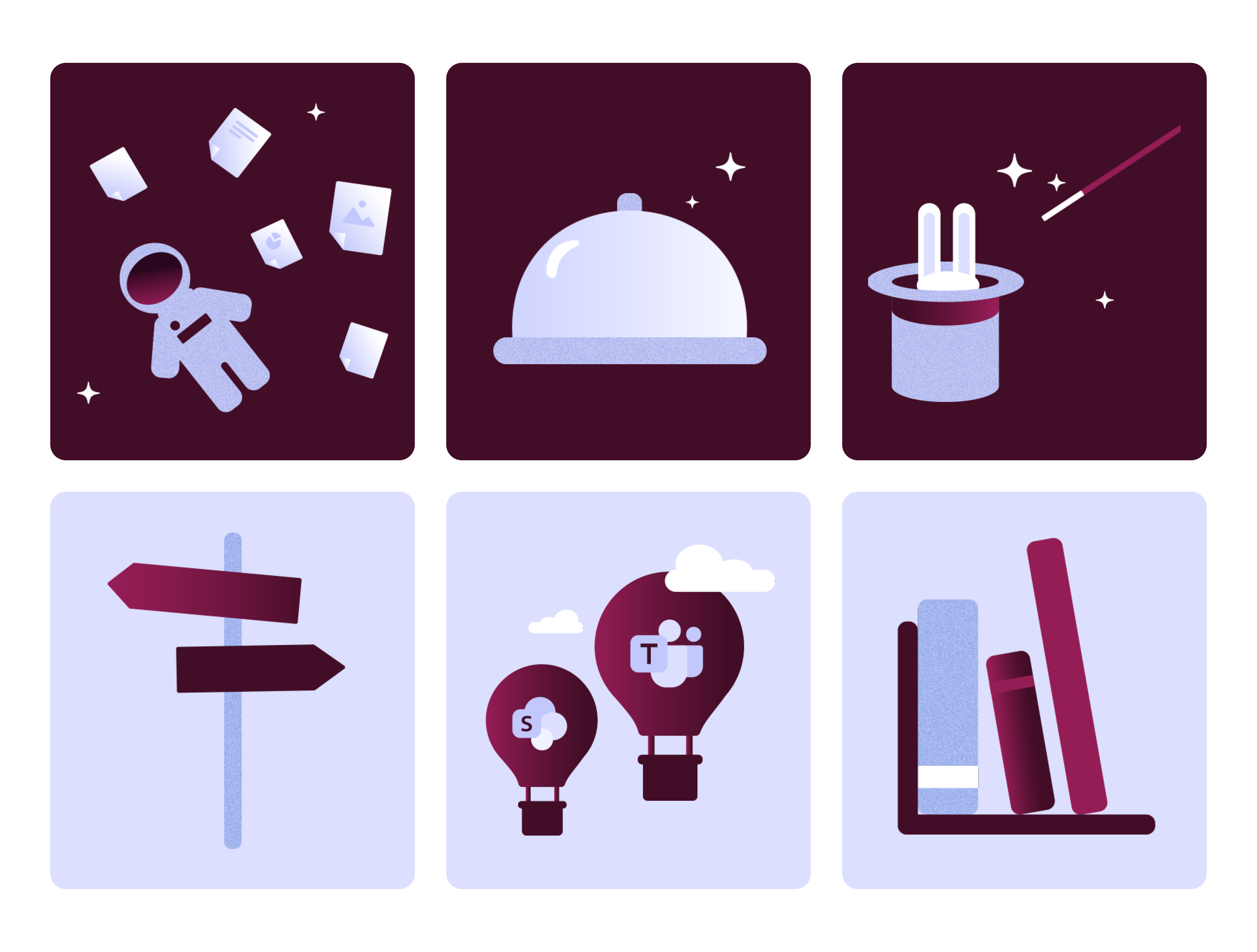 Illustrations of an astronaut, signage and magic tricks used to communicate Documaster's value proposition.