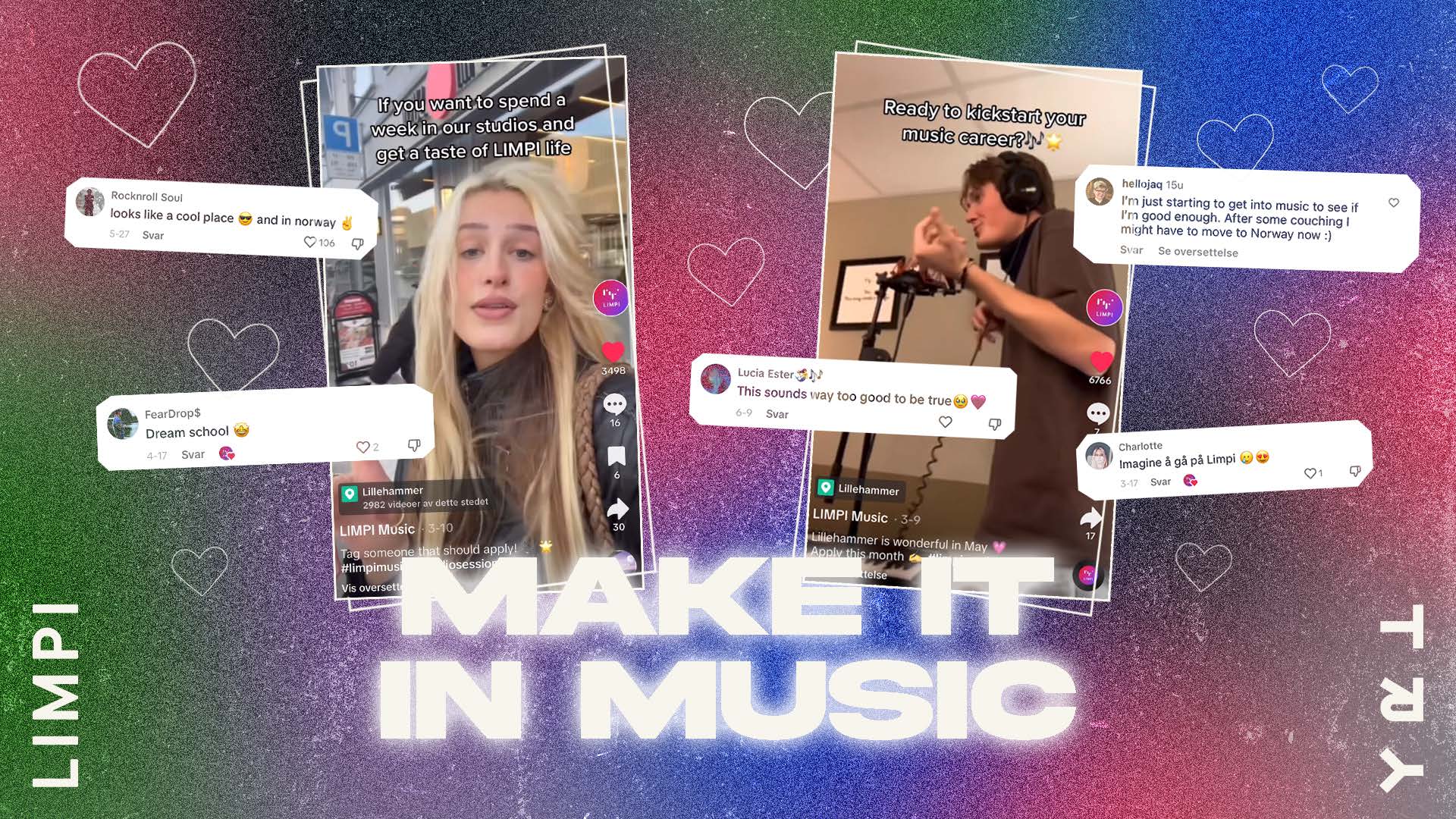 Et rutenett med TikTok- og Instagram-innlegg og kommentarer fra LIMPI Musics rekrutteringskampanje, laget av programmets egne studenter og tidligere studenter.