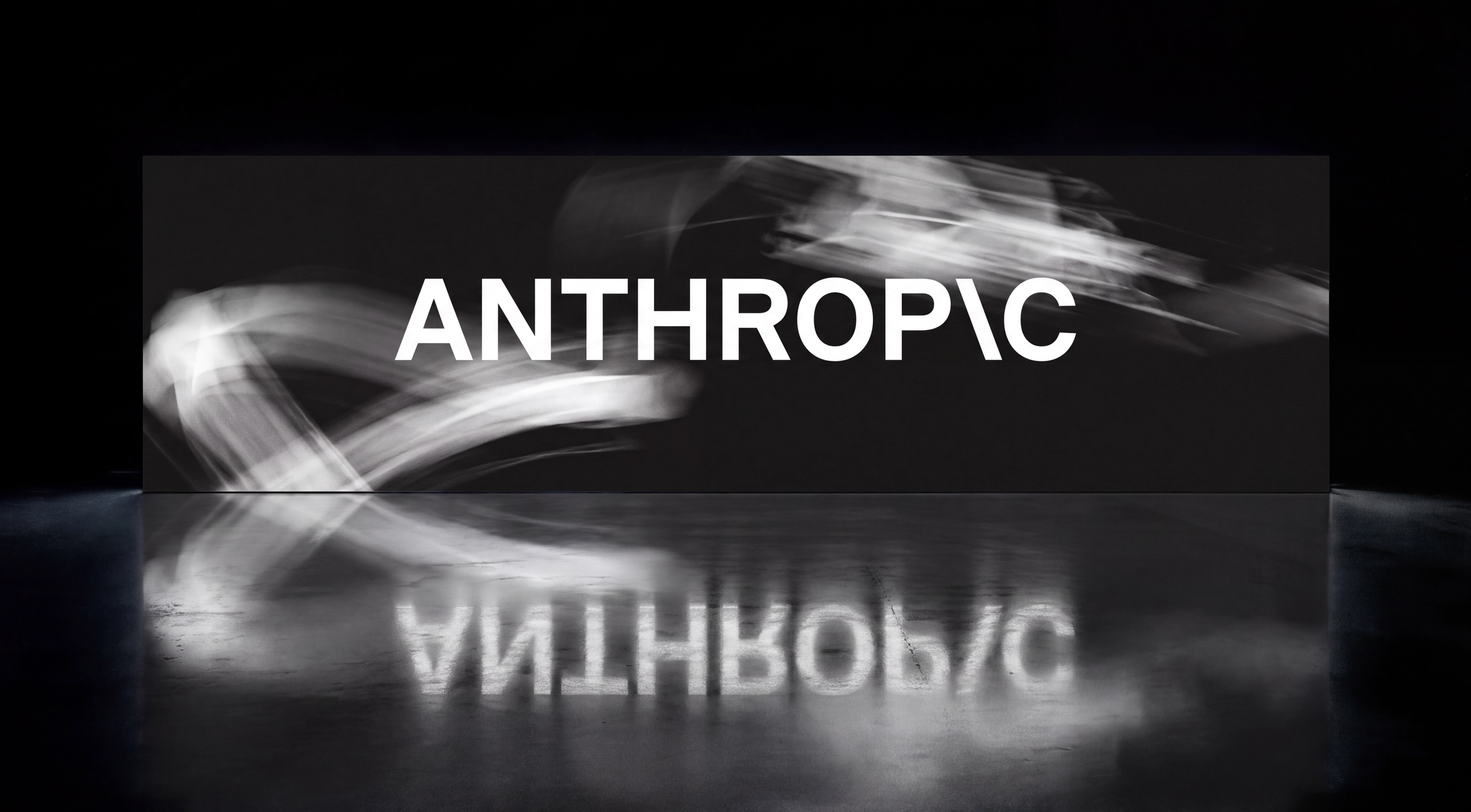 White text "ANTHROP\C" with abstract white light trails on a dark background, reflected on a shiny surface.