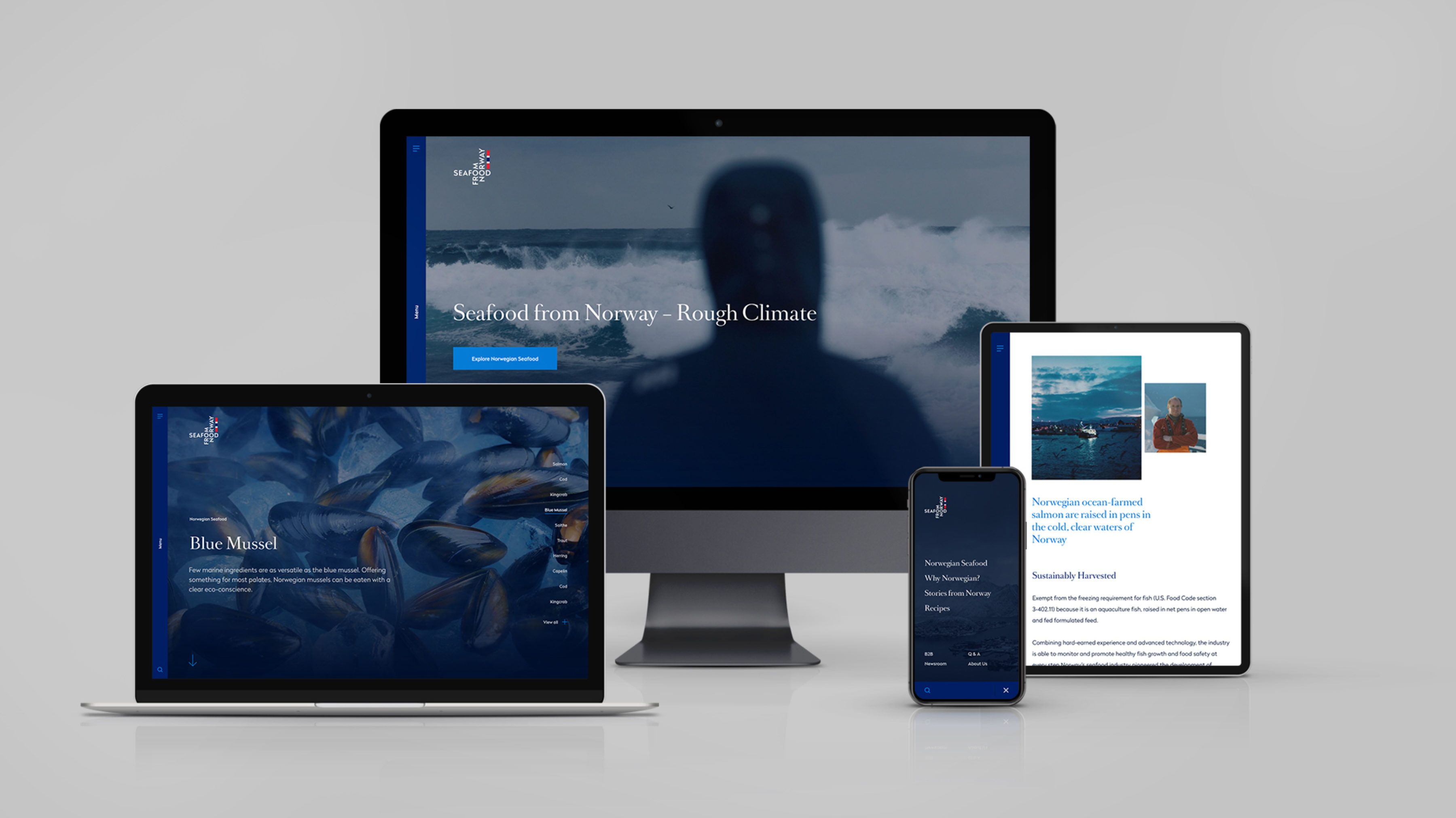 Skjermbilder som viser Seafood from Norway-nettsiden på desktop og mobil.