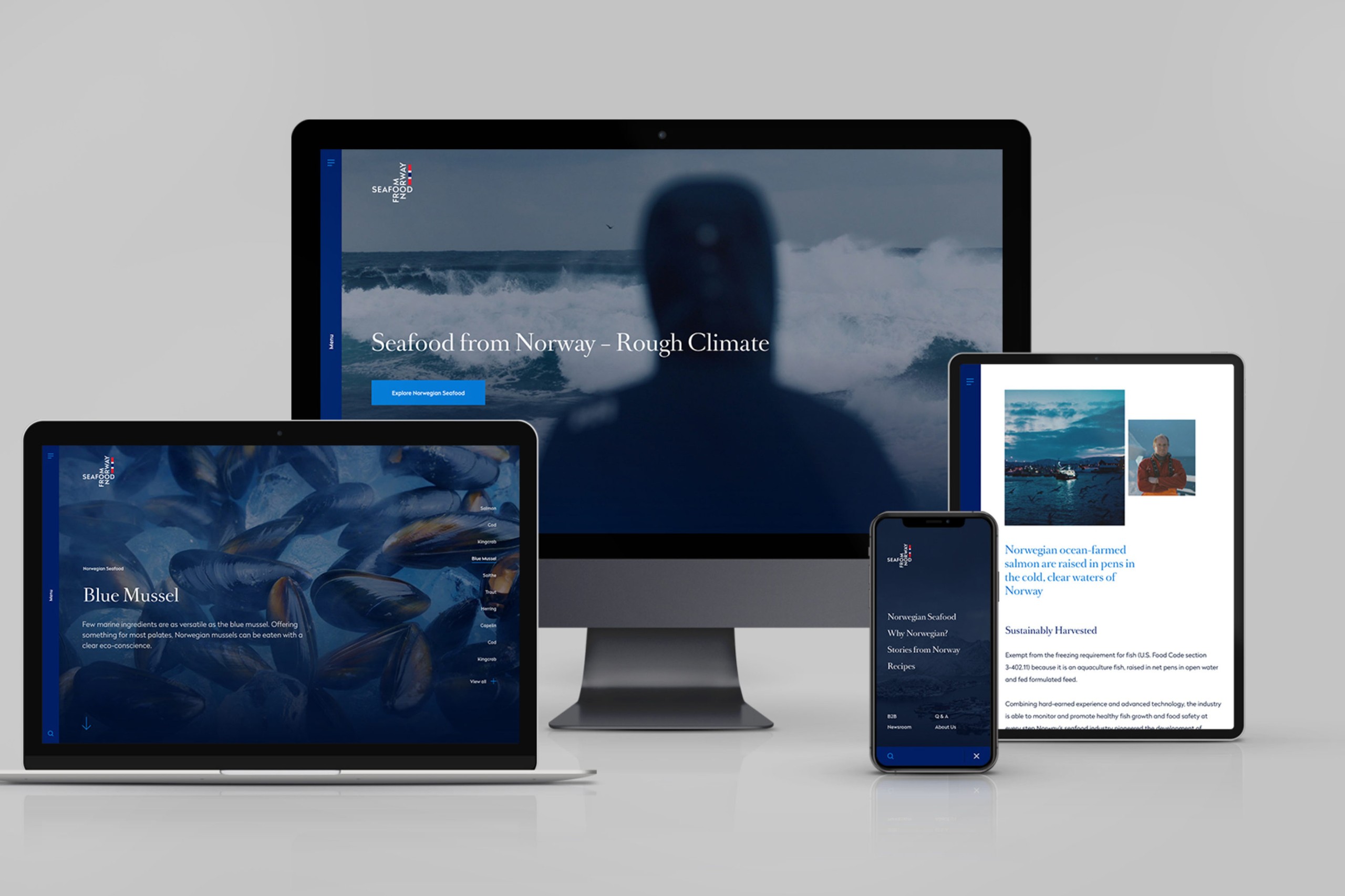 Skjermbilder som viser Seafood from Norway-nettsiden på desktop og mobil.