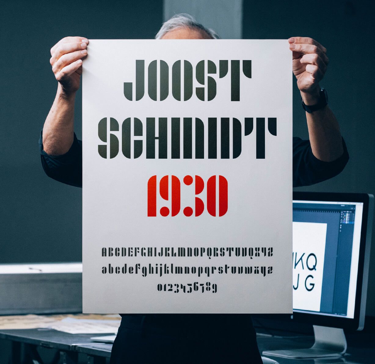A square specimen sheet showing character details from another revived Bauhaus typeface.