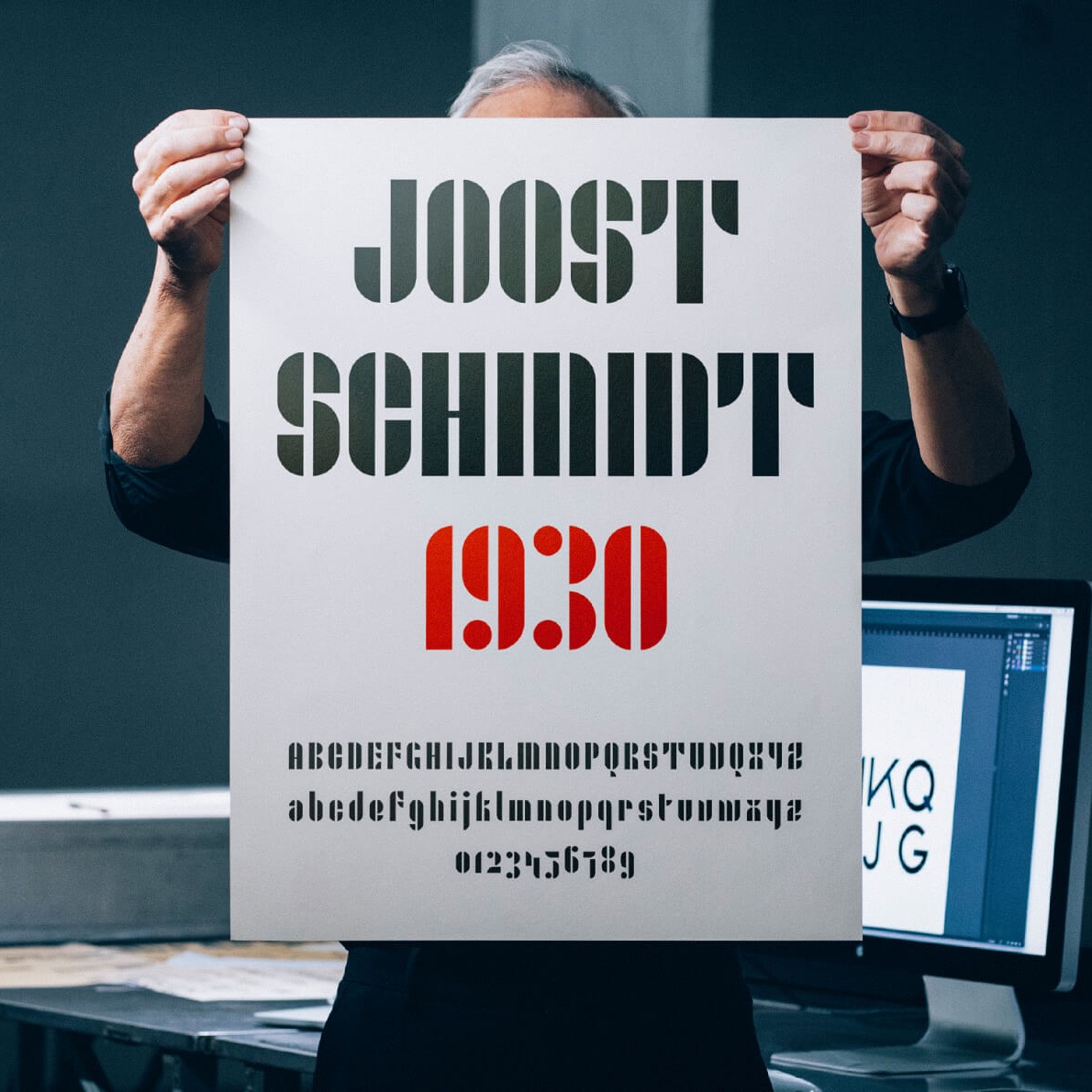 A square specimen sheet showing character details from another revived Bauhaus typeface.