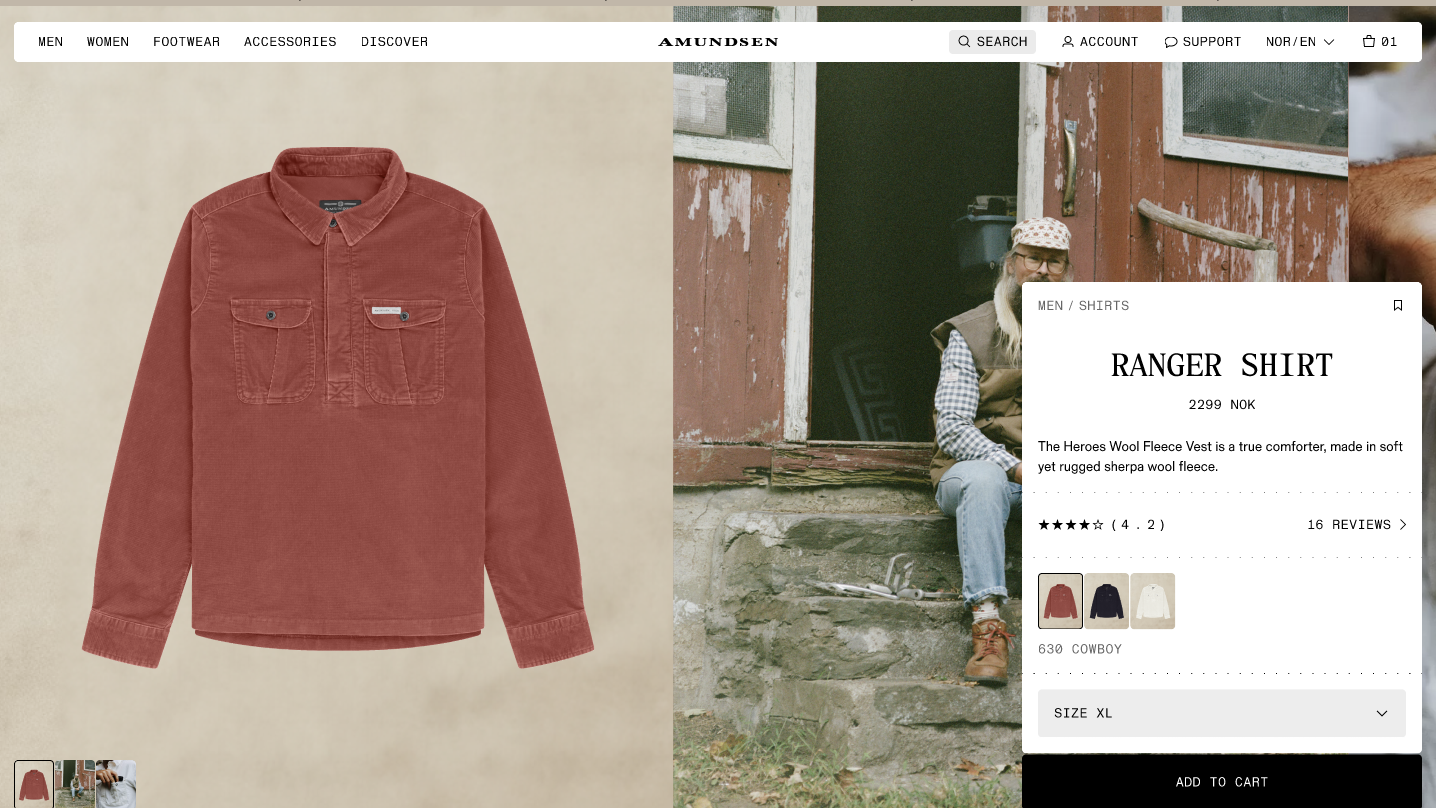 Brick-red corduroy long-sleeve shirt with two chest pockets.
