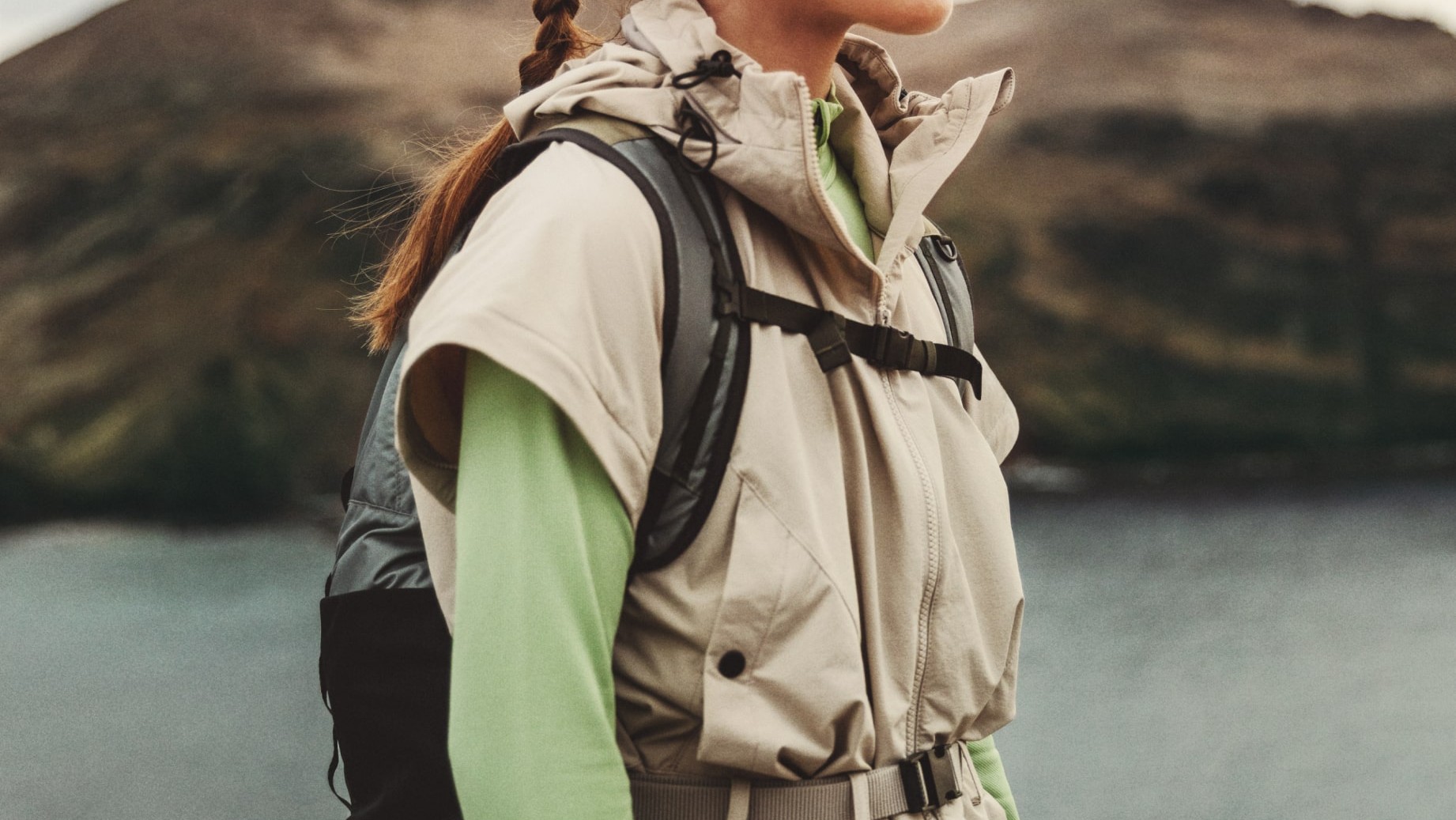 Portrait image from the Head into space concept, second of a pair showing H&M trailwear outdoors