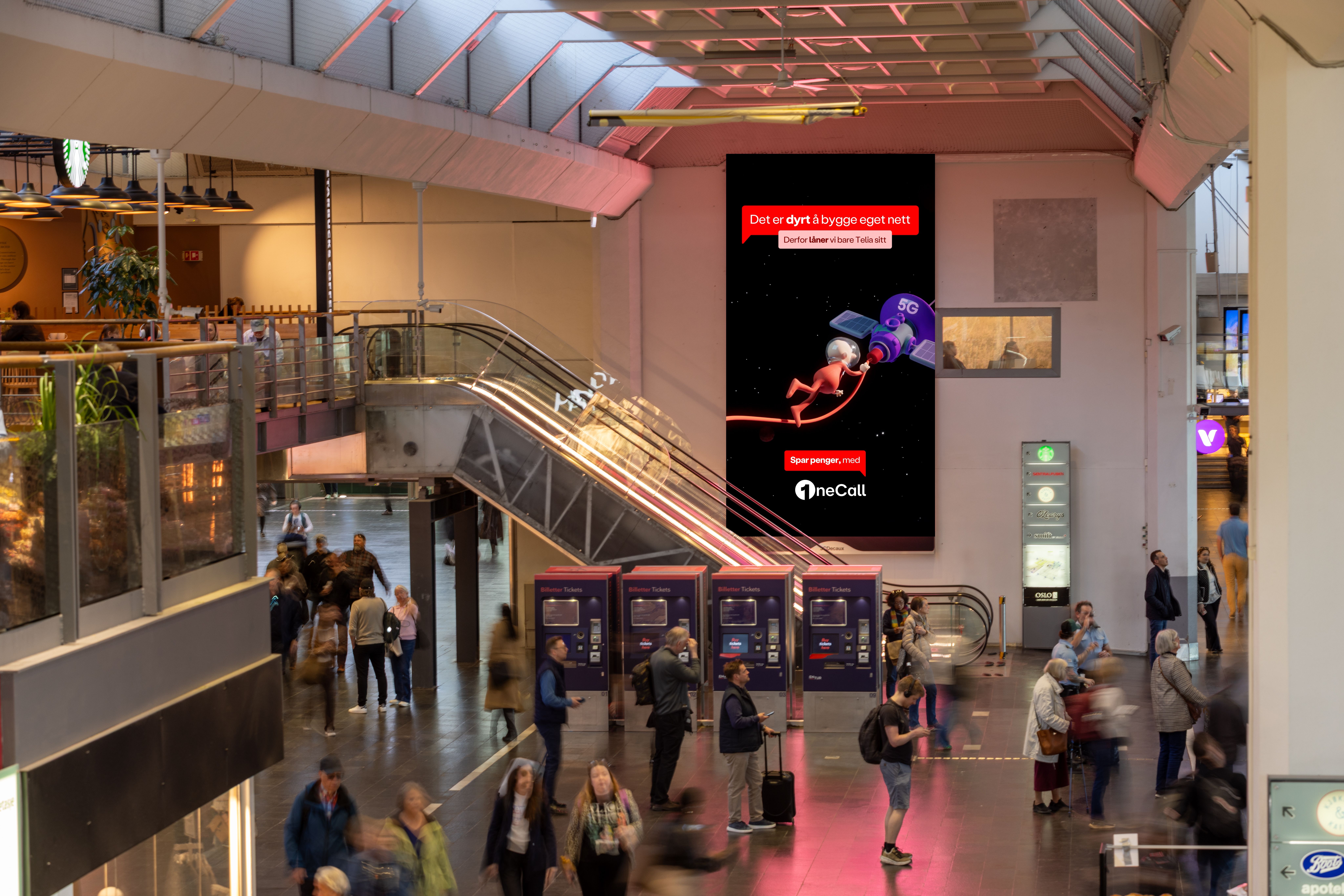 A dark, moody product mockup render for OneCall's animated advertising campaign, with the brand's price positioning visualised as part of the animated universe.