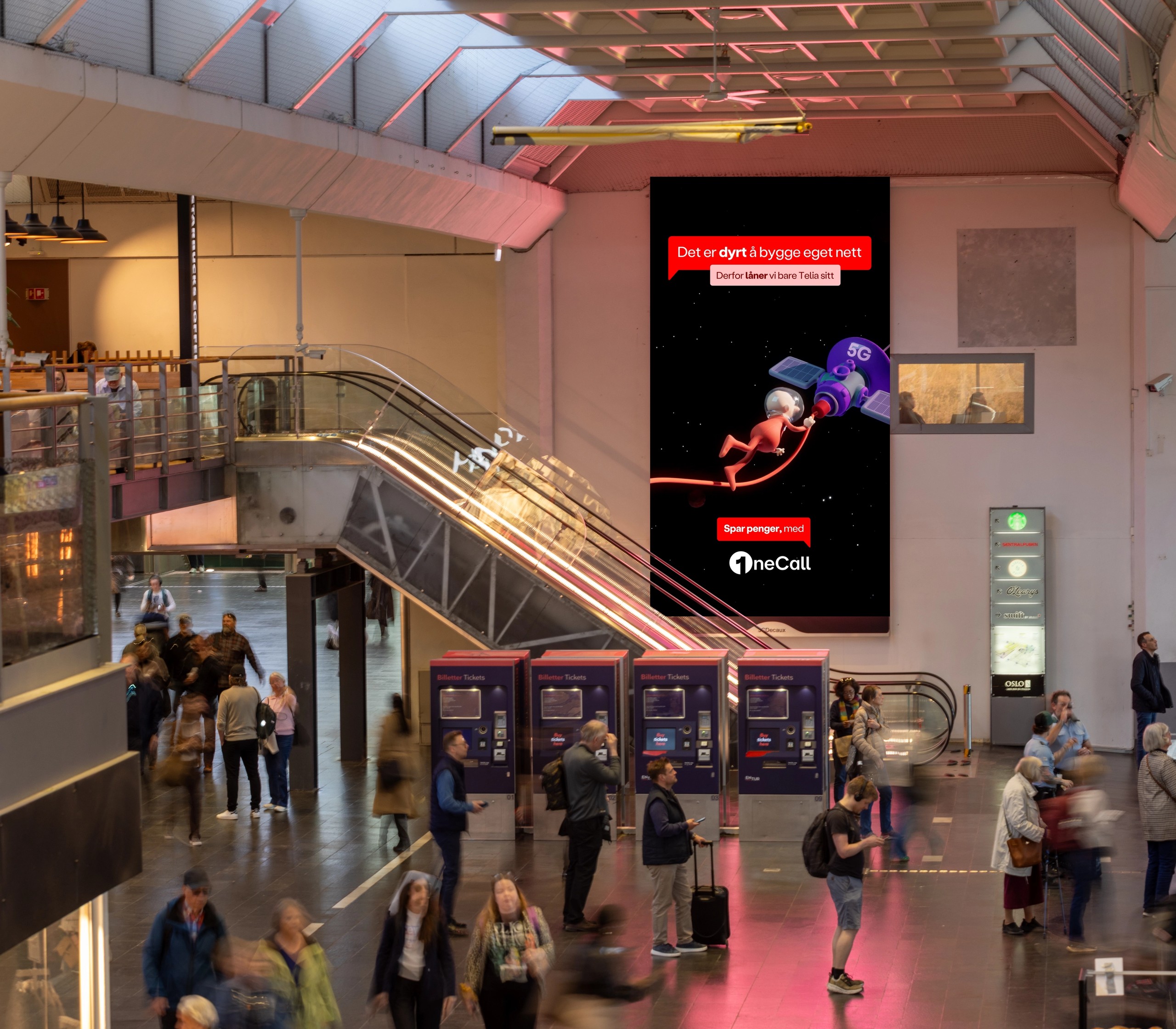 A dark, moody product mockup render for OneCall's animated advertising campaign, with the brand's price positioning visualised as part of the animated universe.