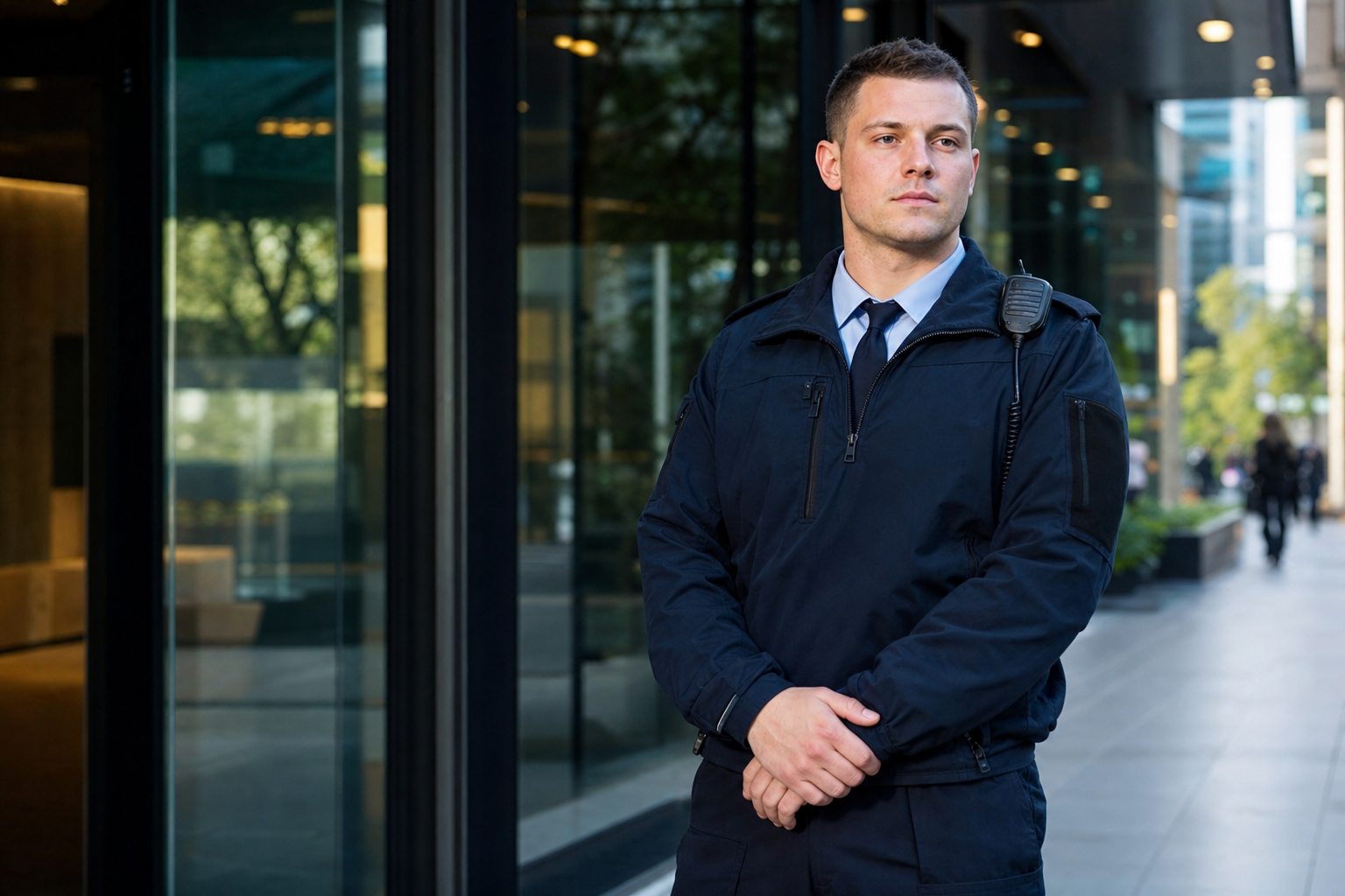 Licensed security guard at a commercial building entrance