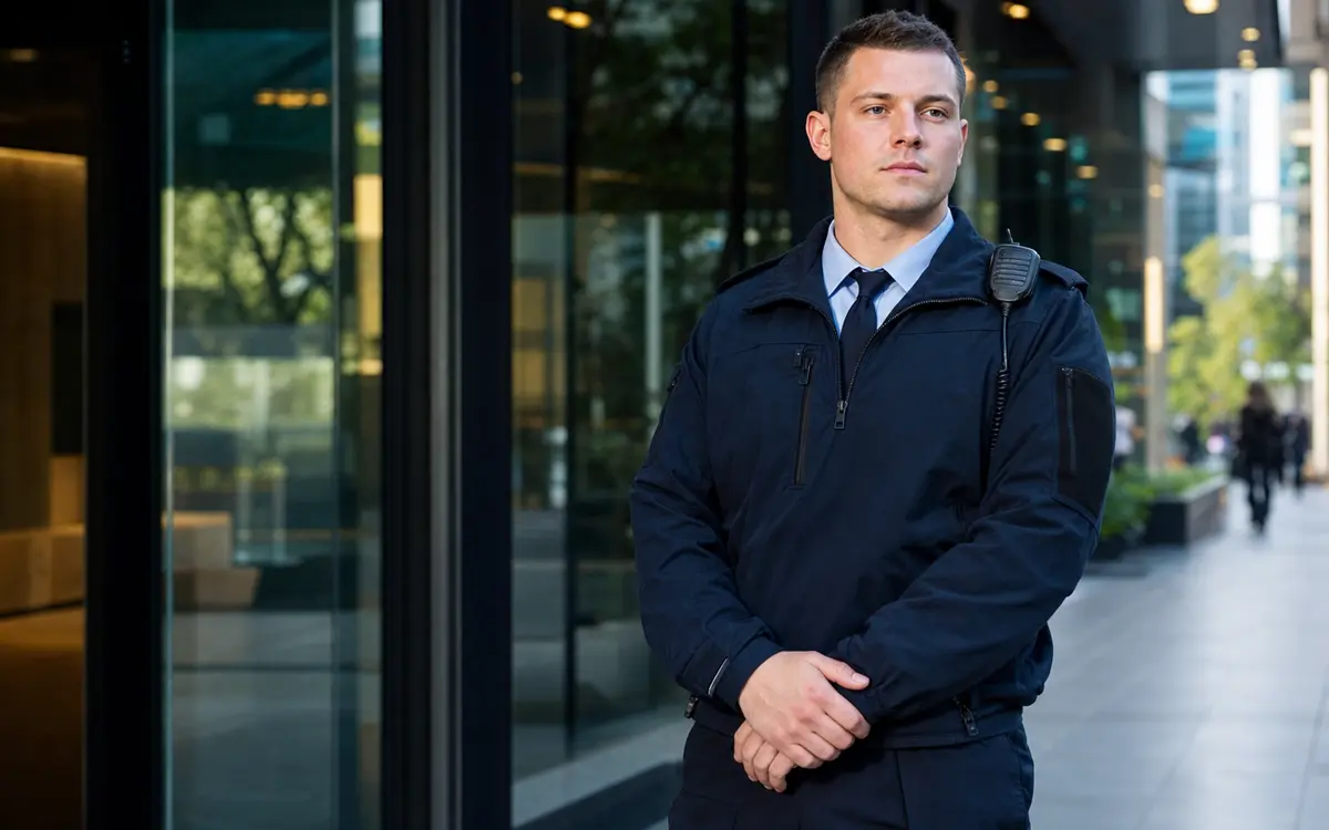 Licensed security guard at a commercial building entrance