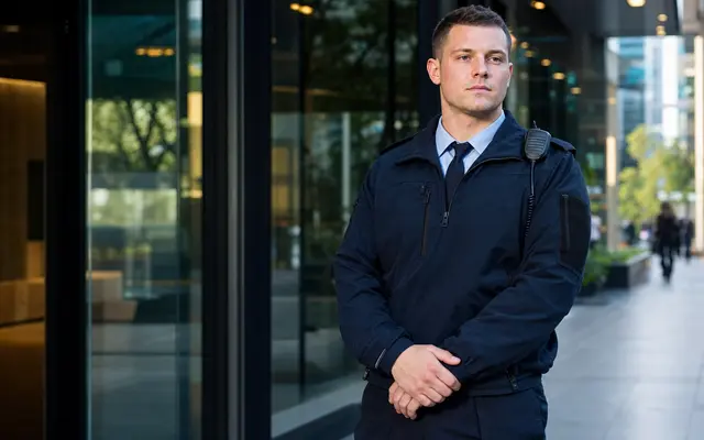 Licensed security guard at a commercial building entrance
