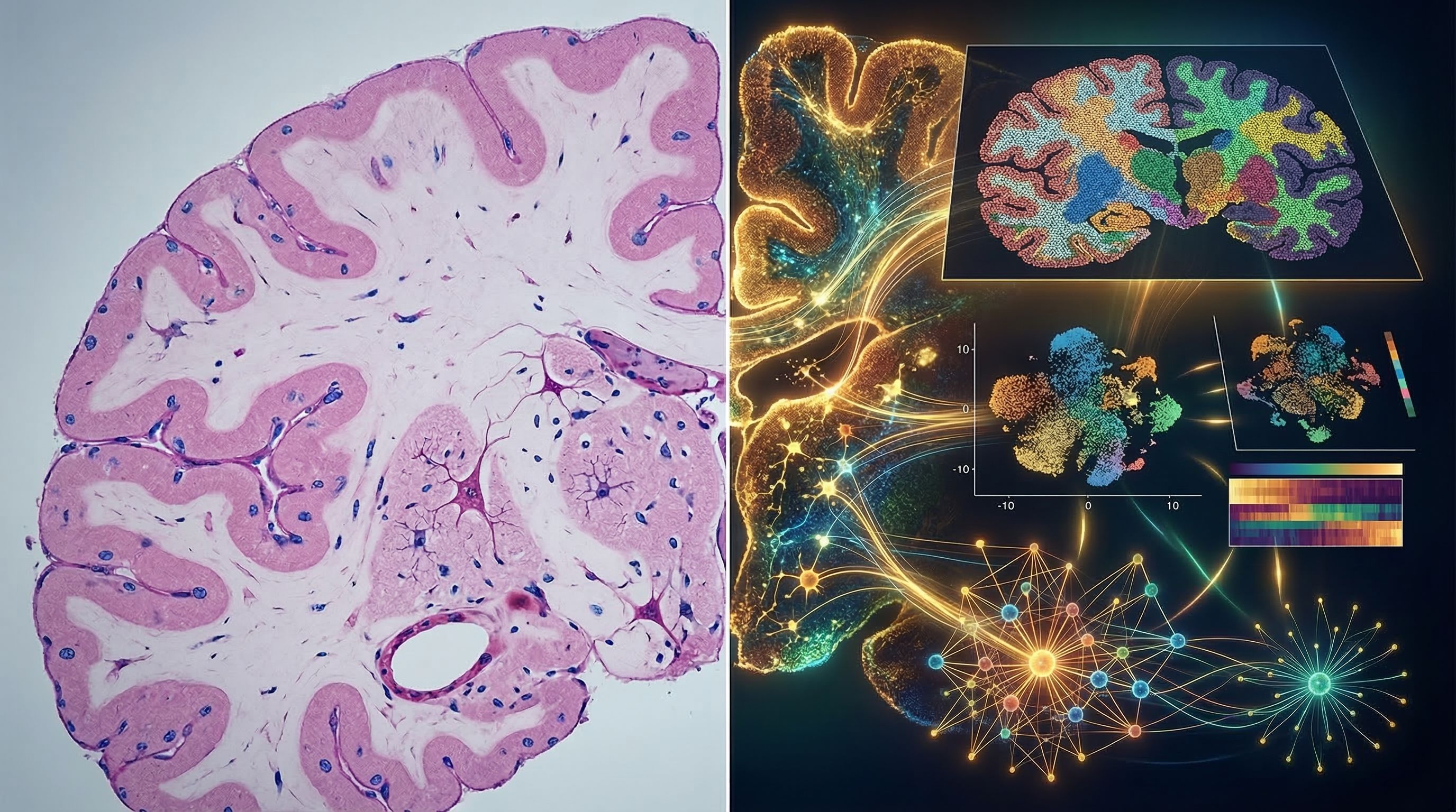 Split visualization: a traditional pathology slide of brain tissue on the left transforming into a rich multi-layered single-nucleus data landscape on the right