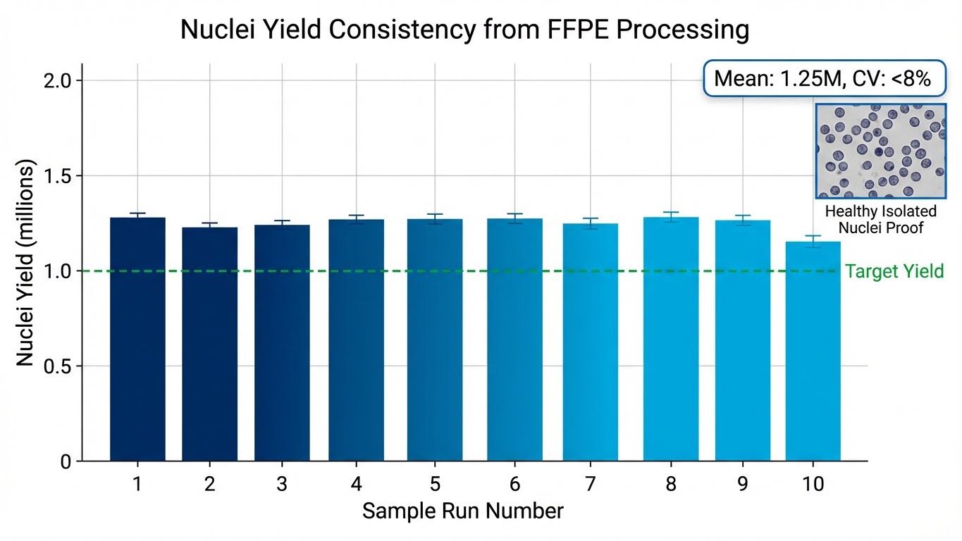 Data chart showing consistent high nuclei yields from minimal FFPE tissue input