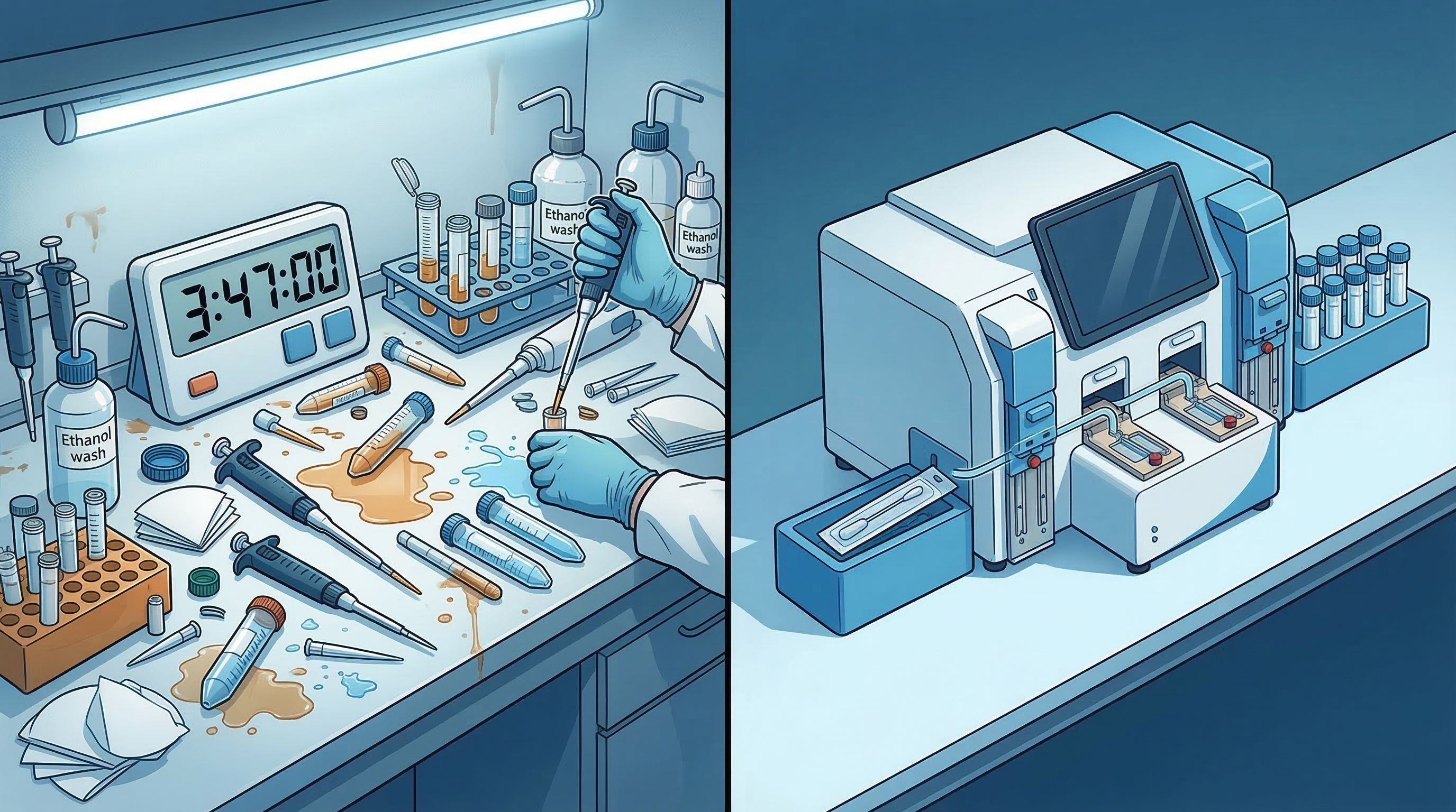 Split comparison of chaotic manual FFPE evidence processing versus a clean, sealed automated cartridge-based extraction system