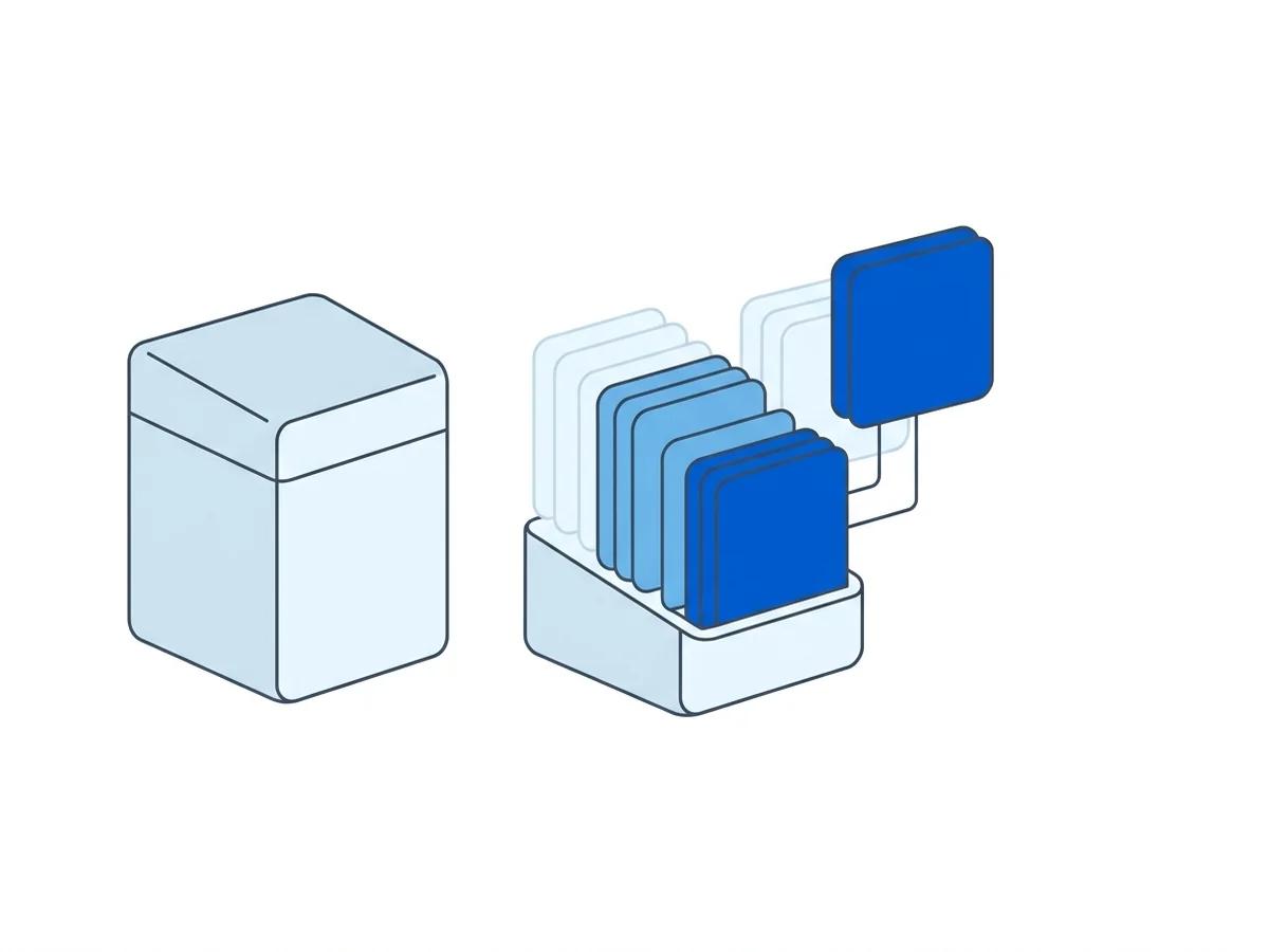 Clinical flat-vector illustration: a rigid closed box on the left versus an open, modular stack of protocol tiles that keeps expanding outward on the right &mdash; locked versus software-controlled &mdash; in PCS blue on white.