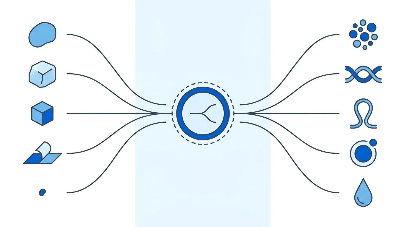 Workflow diagram: diverse tissue intake on the left (fresh tumor, frozen cortex, OCT block, FFPE curl, a 2 mg biopsy) converges through one automated sample-prep step in the center, which branches into cells or nuclei and then fans out to five downstream assays on the right — scRNA-seq, snRNA-seq, ATAC-seq, CITE-seq, and FACS.