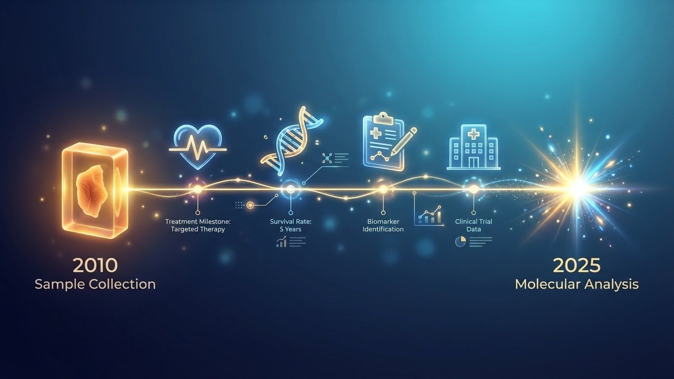 Timeline showing how archived tissue samples connect to years of clinical follow-up data