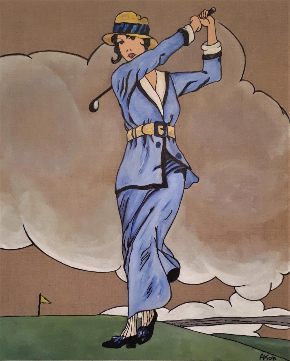 Mme joue au Golf — Acrylique sur toile