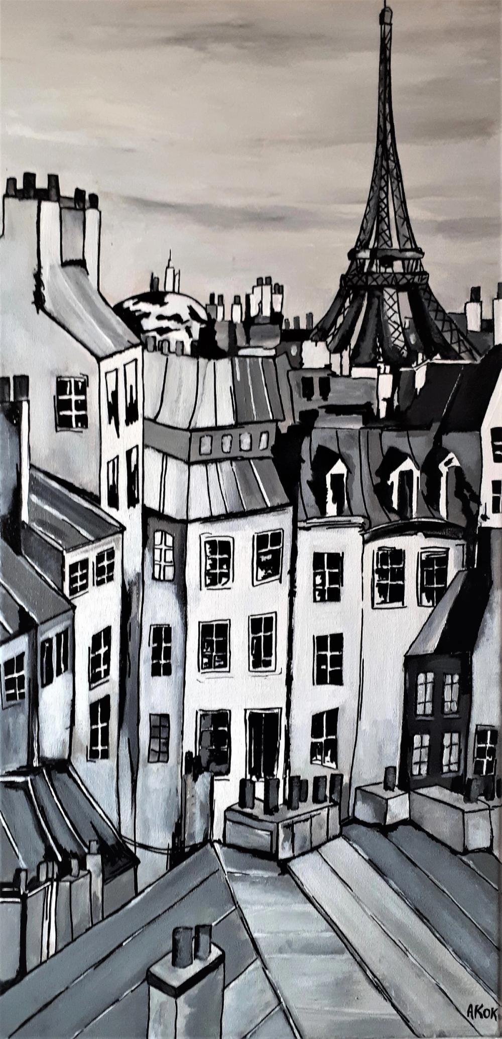 Sur les Toits de Paris en N&B — Acrylique sur toile