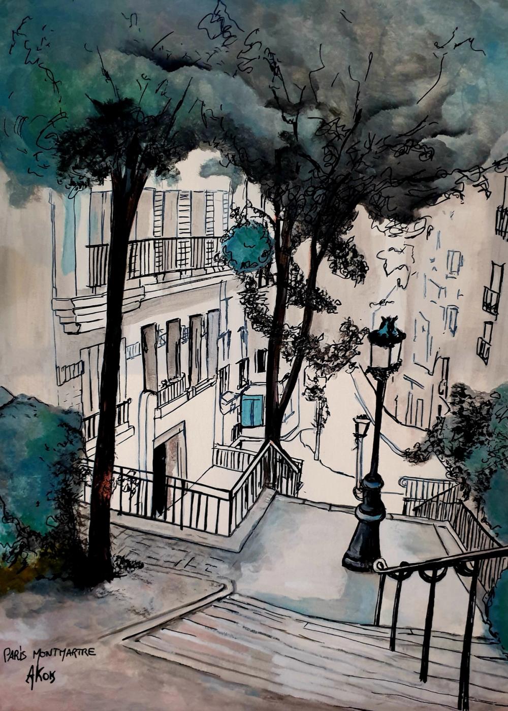 Escalier Montmartre — Acrylique sur toile