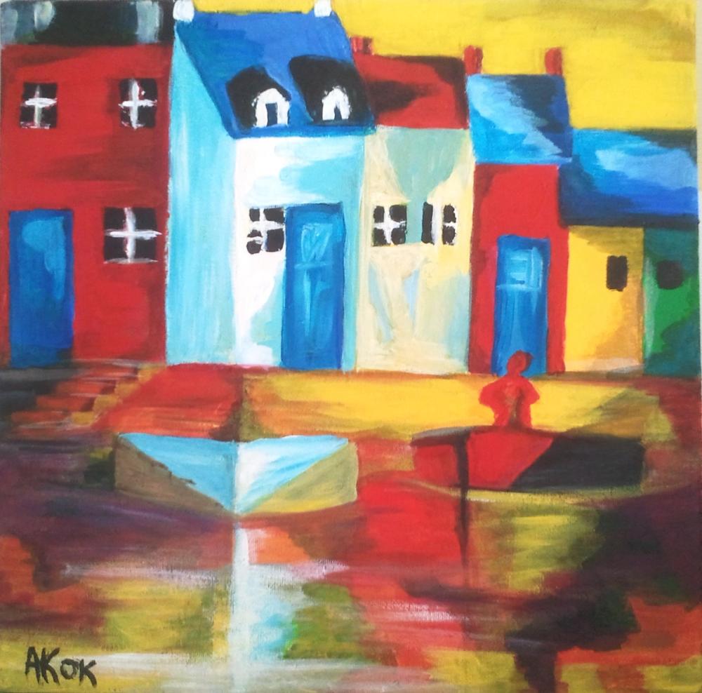 Port haut en couleurs, 300x300 acrylique au couteau pinceaux, mai 2011 — Acrylique sur toile