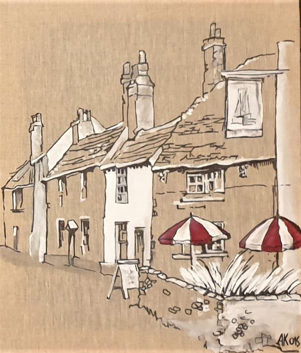 Village aux parasols — Acrylique sur toile