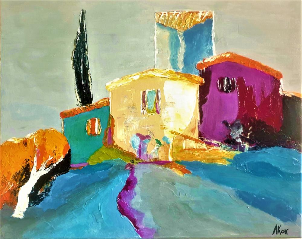 Ciel gris au village - Eurgal — Acrylique sur toile