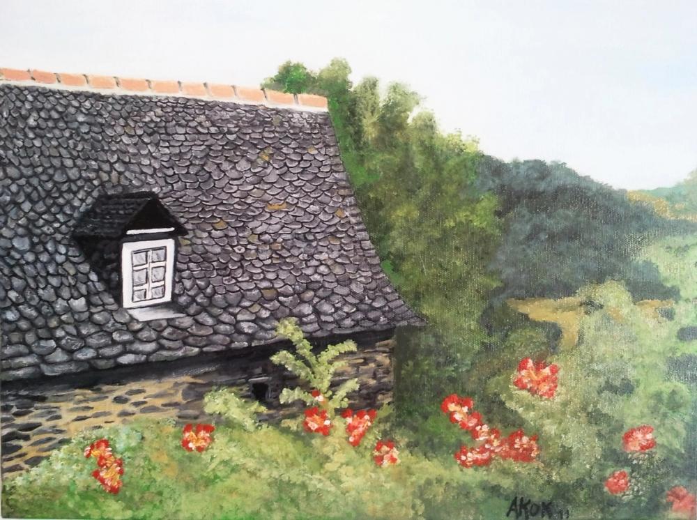 Toit de lauzes en Aveyron Belcastel, 400x350  Edouard — Acrylique sur toile