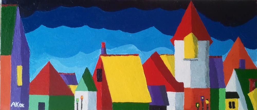 Toits de couleurs, 700x300 acrylique au couteau, avril 2011 — Acrylique sur toile