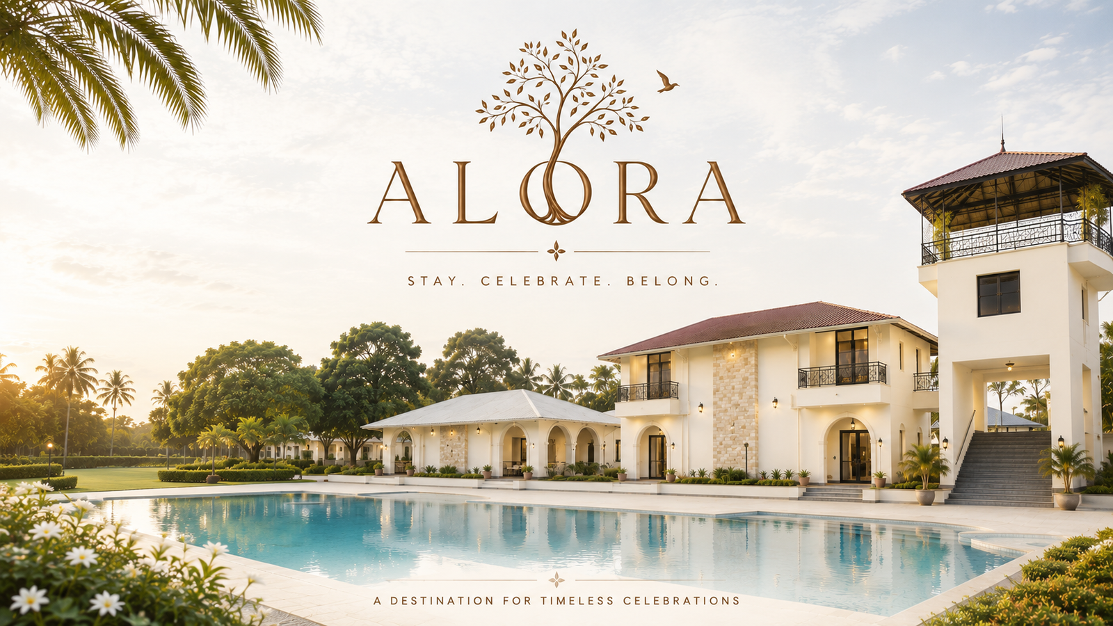 The Alora facade, lawn and pool at golden hour