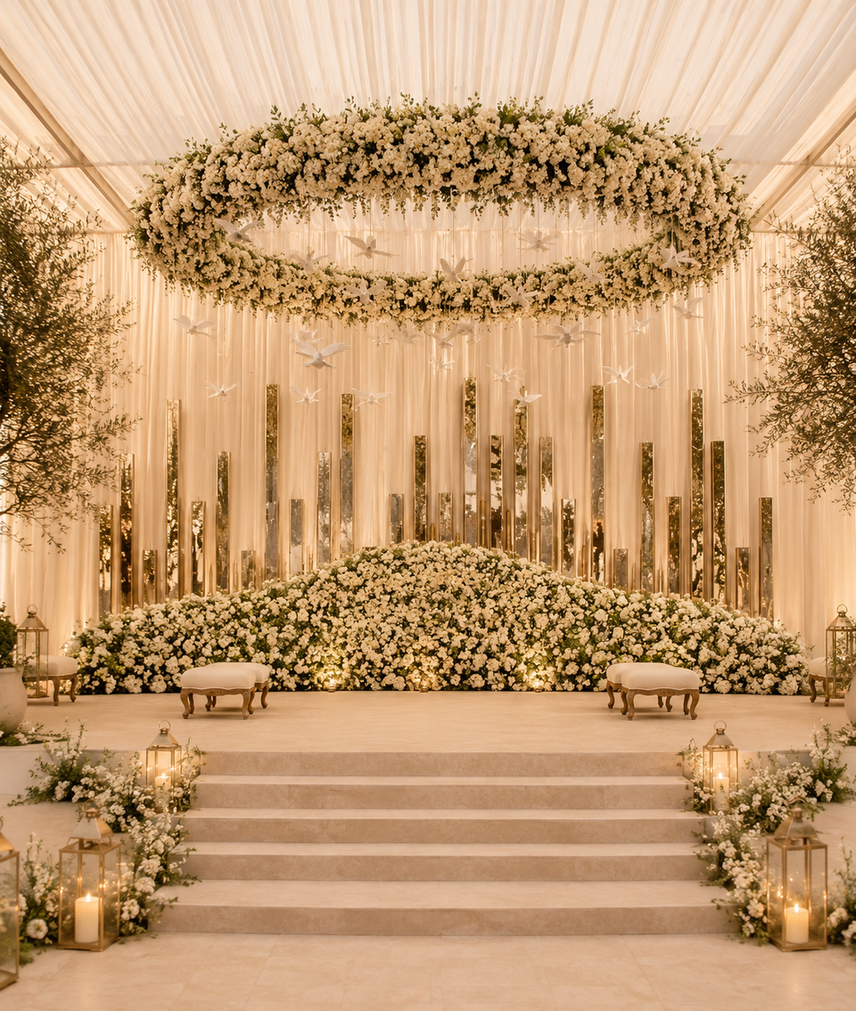 Floral mandap in white and gold beneath draped ceiling