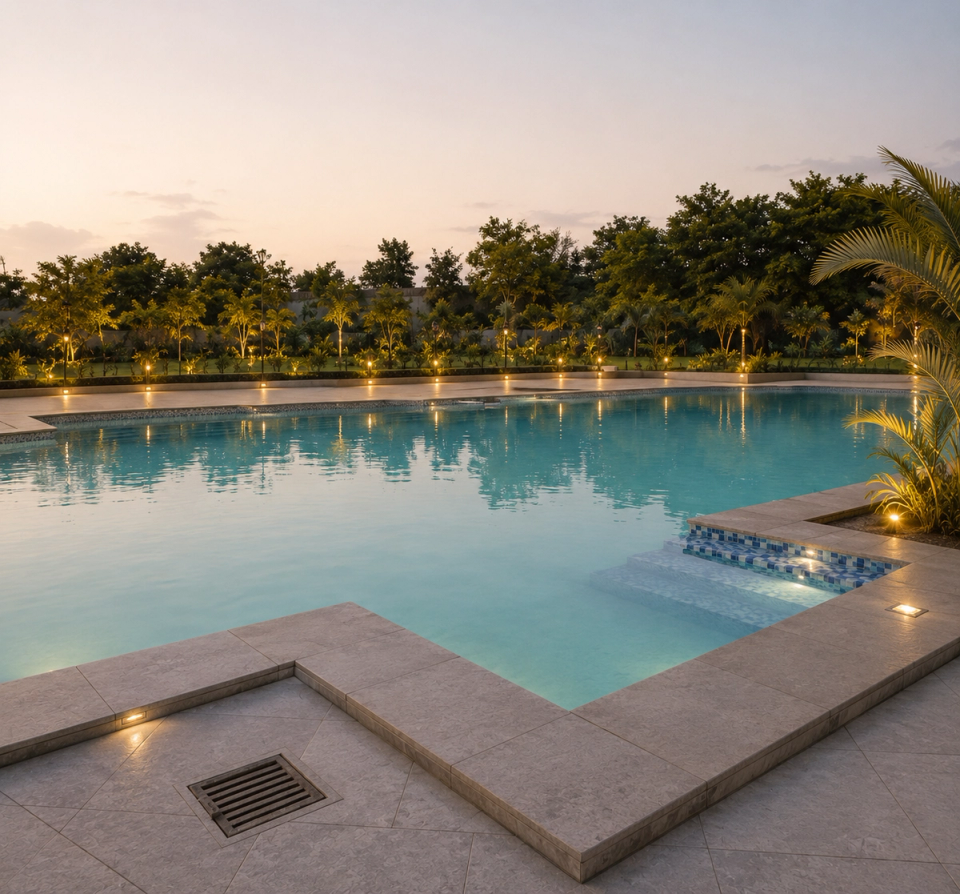 The pool deck lit at dusk with the garden beyond