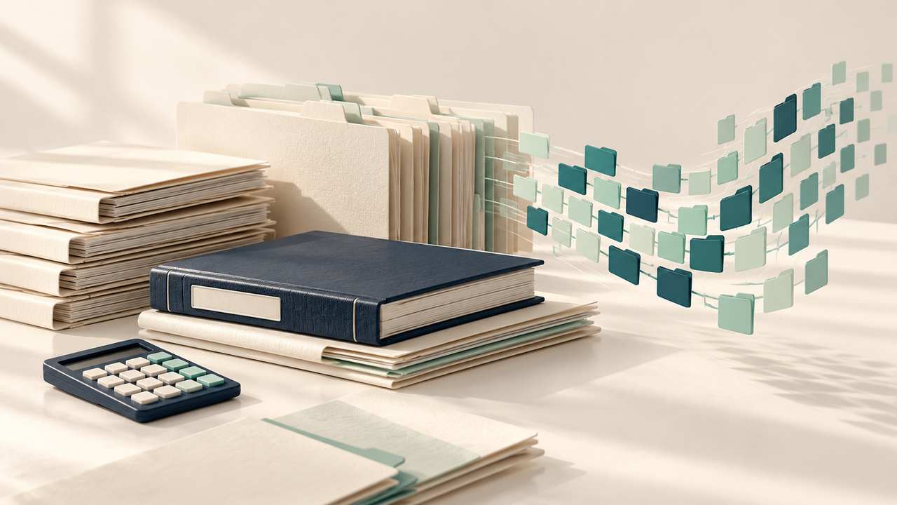 Ivory accounting folders and a navy ledger beside a calculator, connected to abstract teal data tiles.