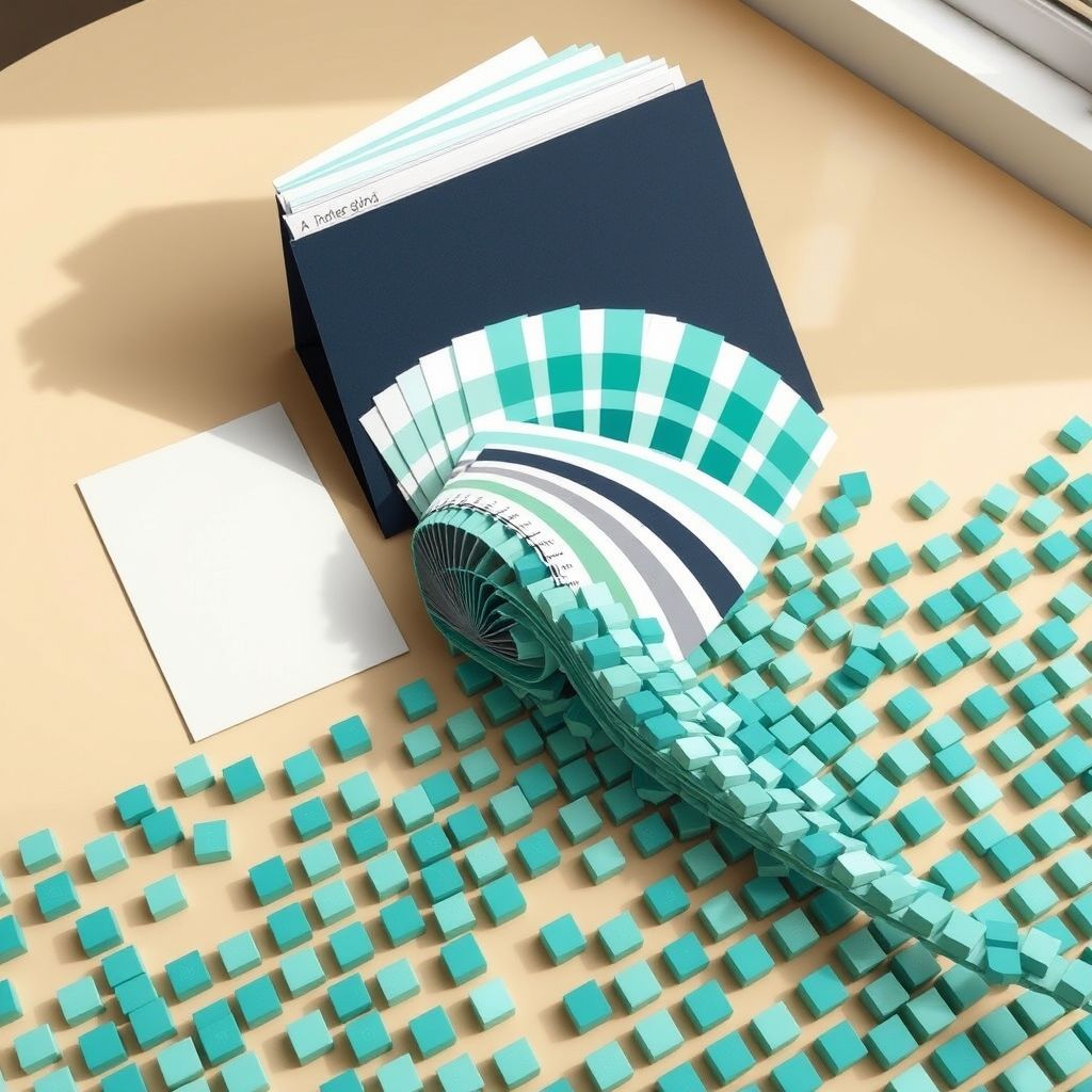 Conceptual illustration of blank creative brief cards, a color swatch deck and project folders connected to abstract data tiles.